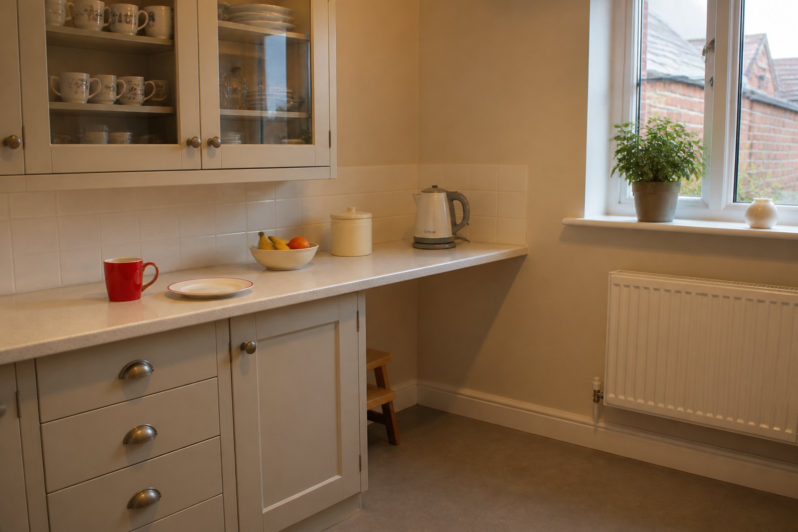 A brightly lit kitchen corner with a glass-fronted cupboard and a red mug standing out on a pale worktop