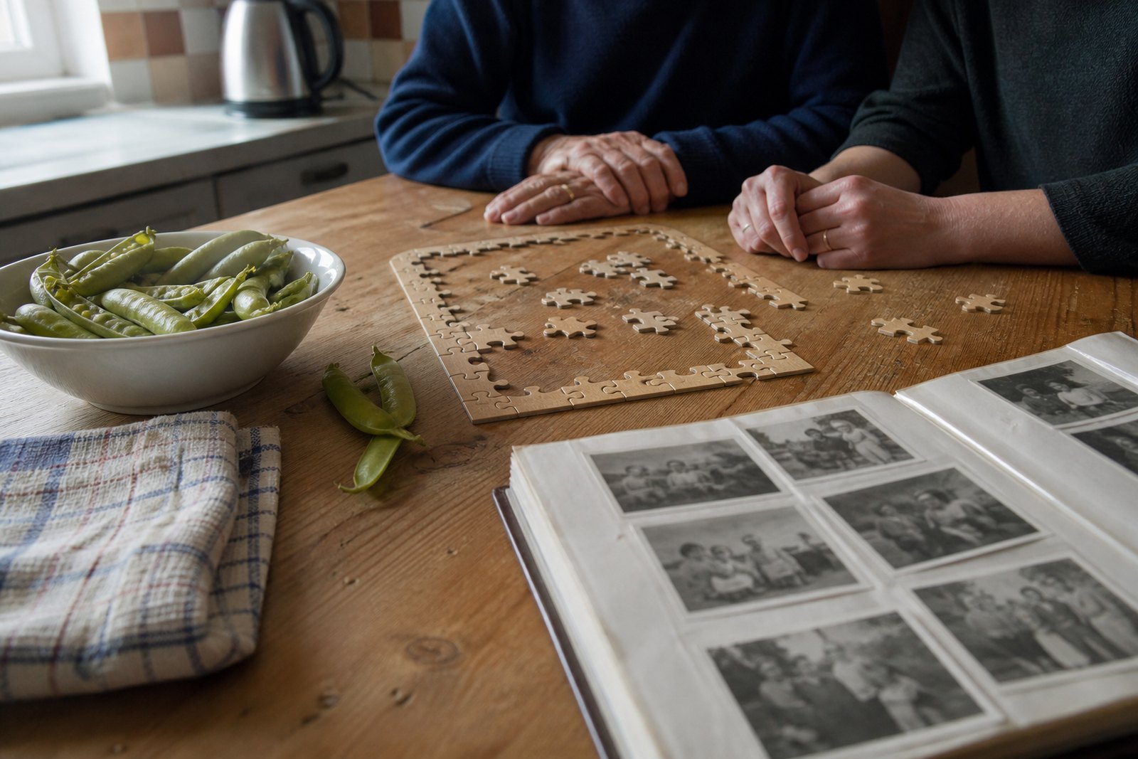 A kitchen table with a half-completed jigsaw, a bowl of unshelled peas, a folded tea towel and an open photograph album, with two pairs of hands resting at the edge of the table