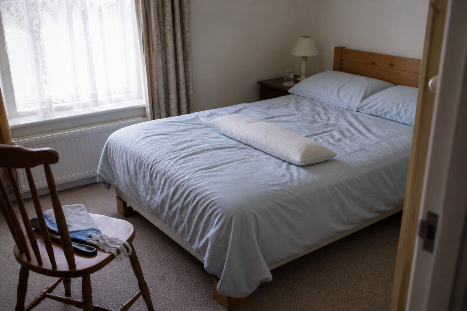 A bedroom with a raised bed, a pillow laid lengthways on the mattress, and a long-handled shoe horn and sock aid on a chair beside it