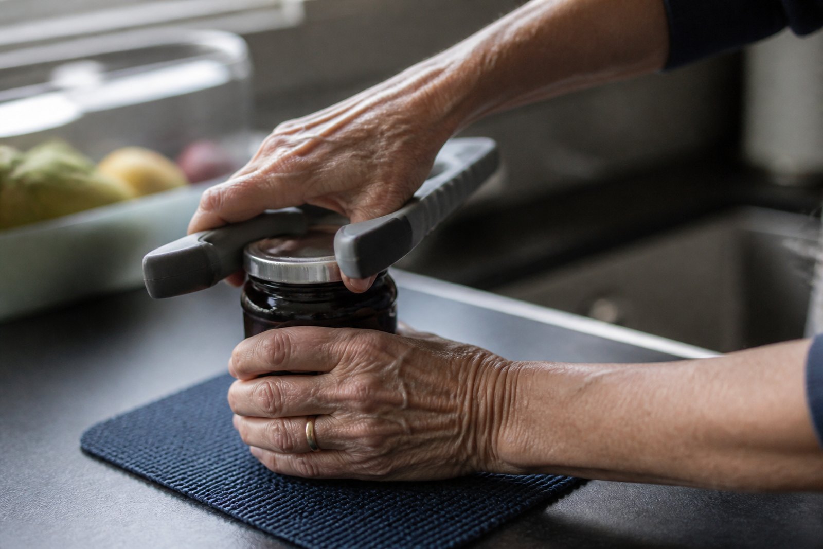 Close-up of older hands opening a jar with a Y-shaped jar opener on a non-slip mat