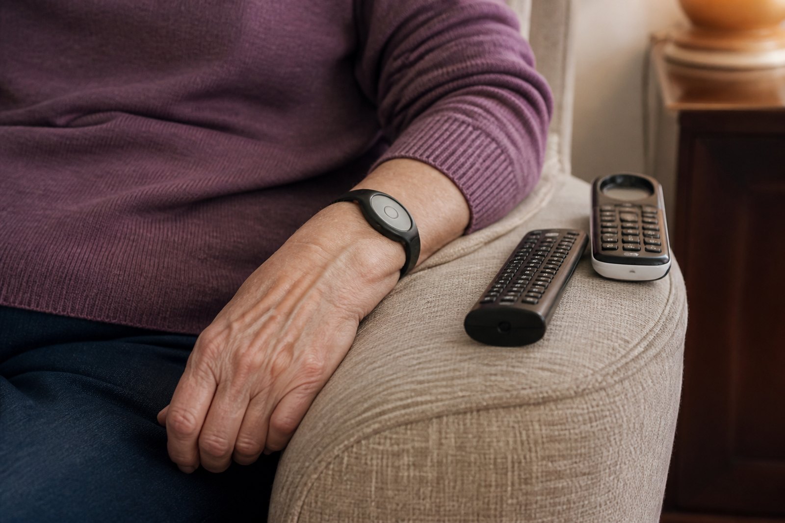 A personal alarm worn on the wrist, resting on an armchair beside a telephone handset