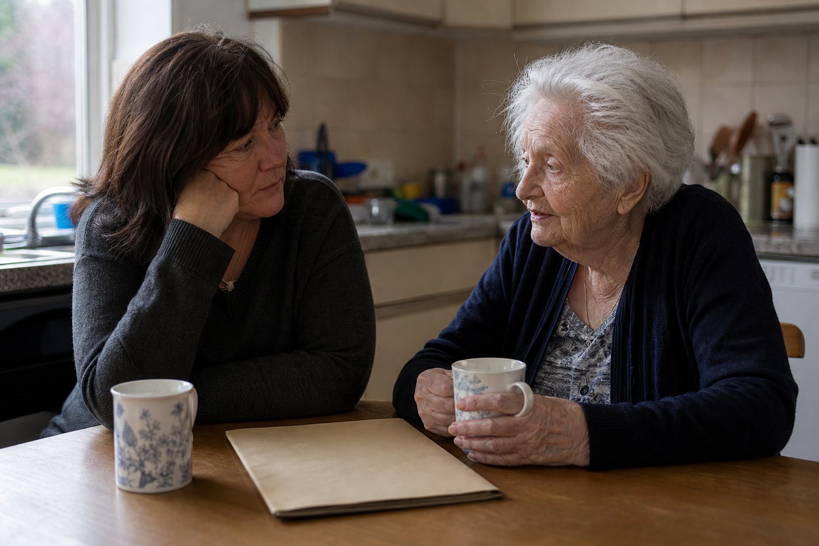 An older woman and her daughter talking over tea at a kitchen table with a closed folder between them