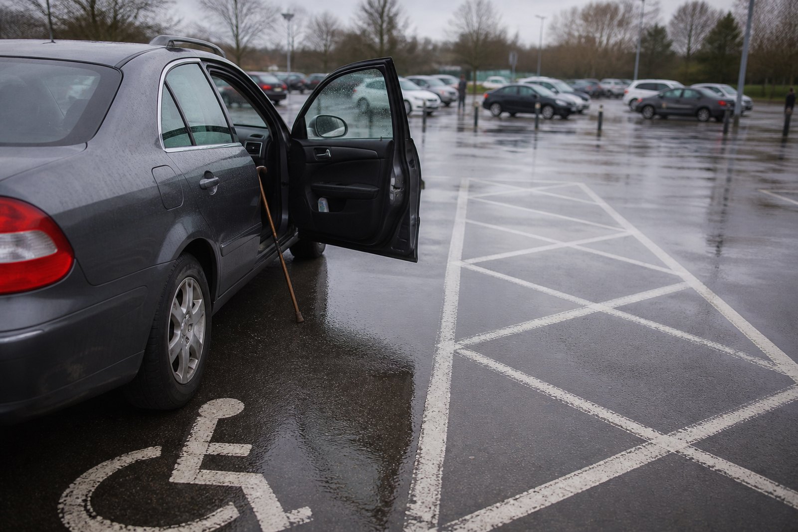 A car parked in a marked disabled bay with the door open and a walking stick propped inside