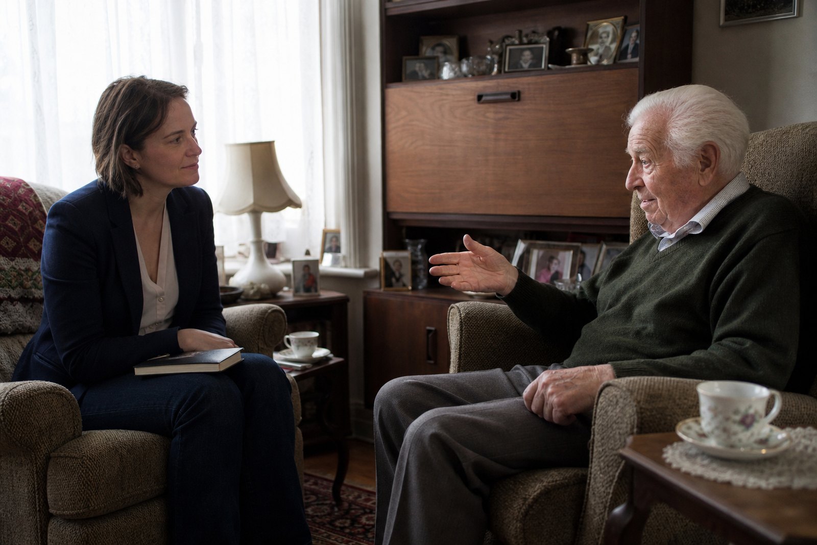 A professional visitor listening to an older man as they talk in his living room