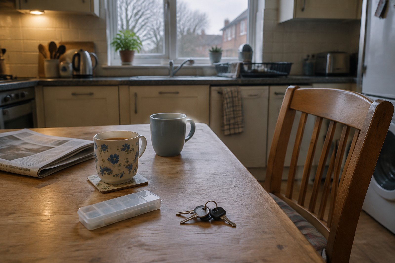 A kitchen table in early morning light with two mugs of tea, one untouched, a closed pill organiser and house keys, and an empty chair pulled out