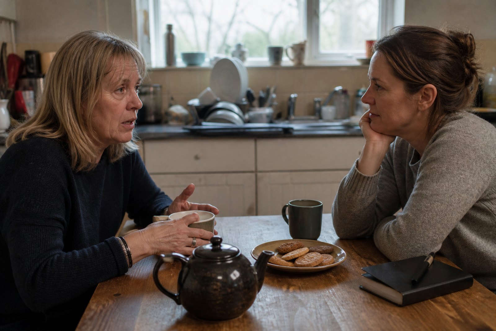 A tired-looking woman in her fifties talking to a professional visitor over tea at her kitchen table