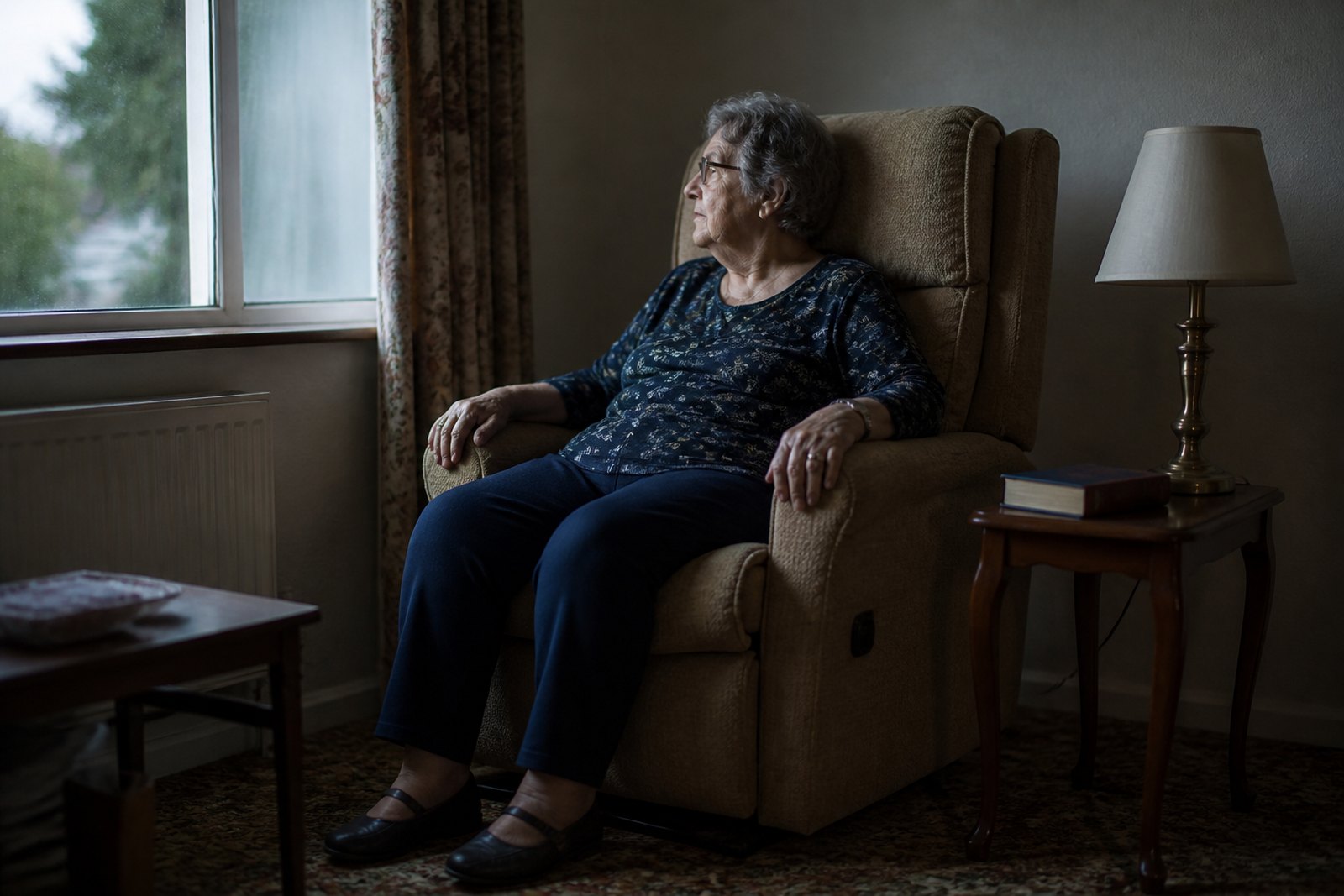 An older woman sitting in a high-backed riser-recliner armchair with her feet flat on the floor