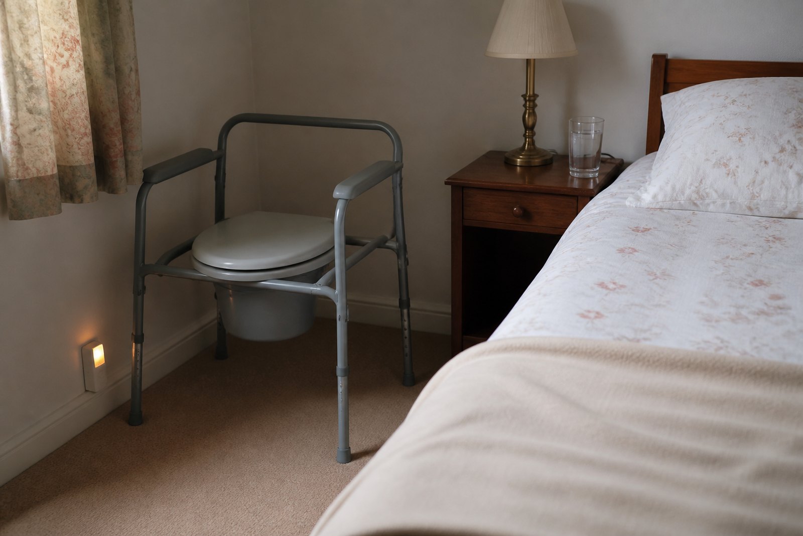 A commode chair with the lid closed standing on the carpet beside a made bed in a bedroom corner