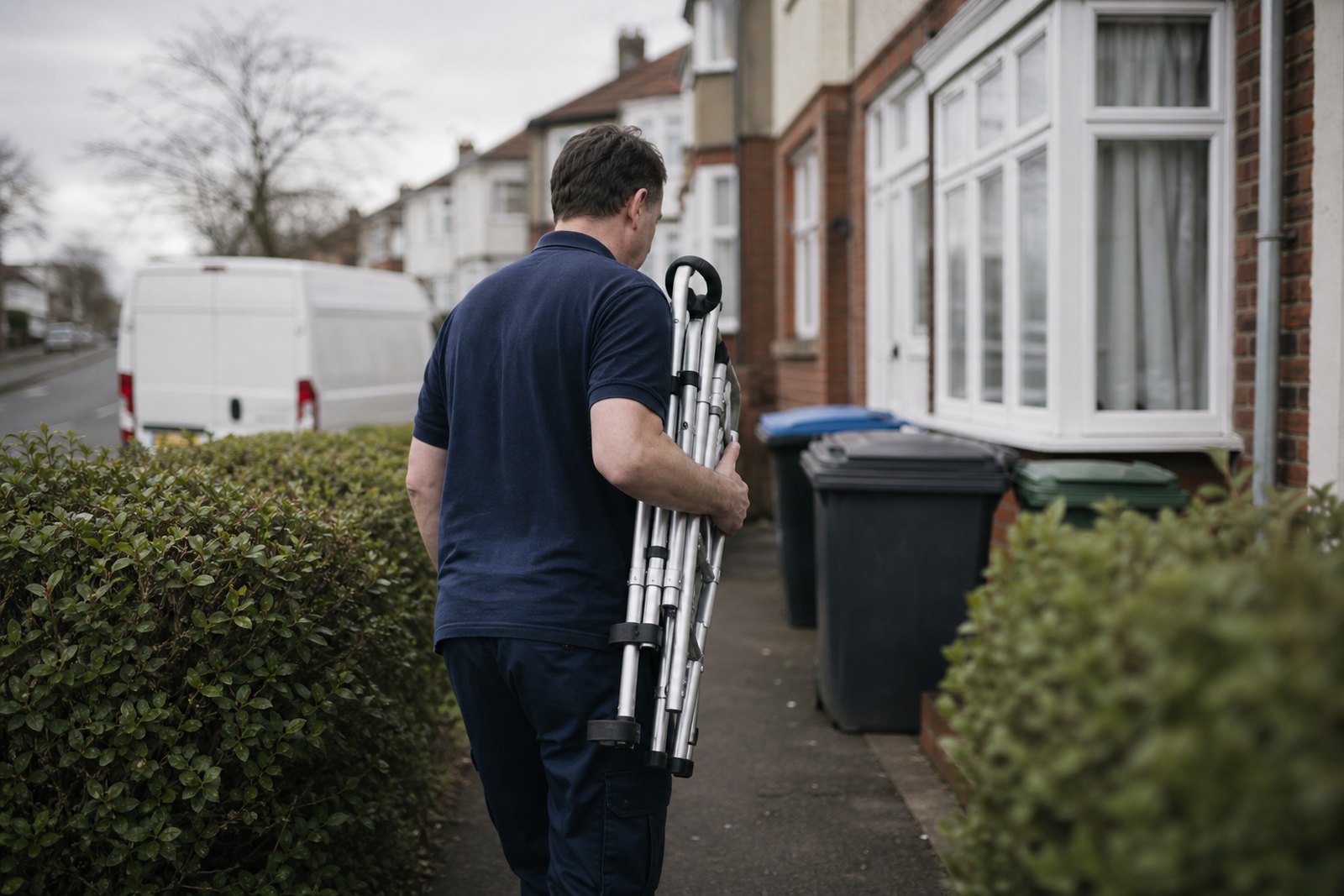A delivery worker carrying a folded walking frame up a garden path towards a front door