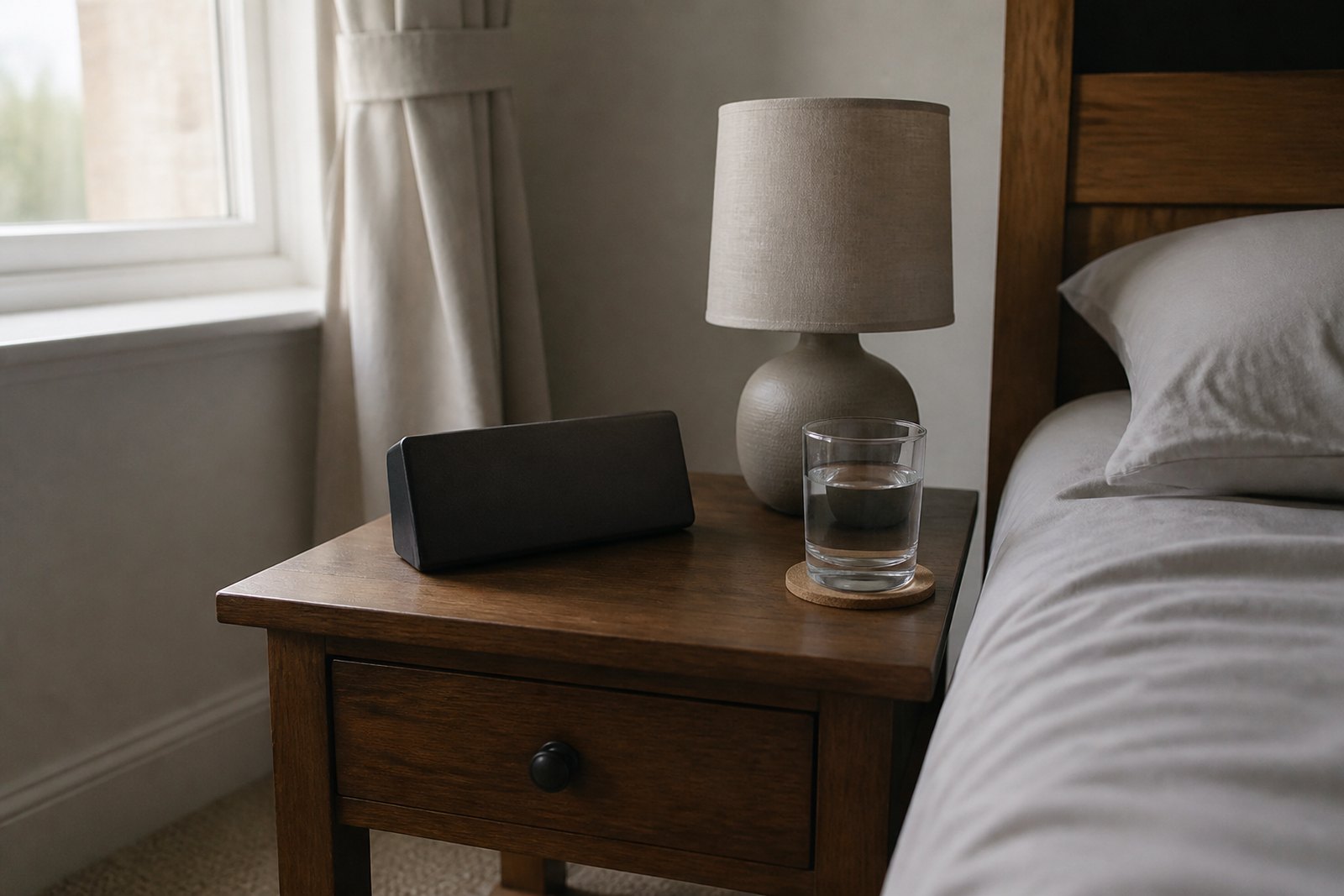 A bedside table with a large plain digital clock, a lamp and a glass of water beside a bed in morning light