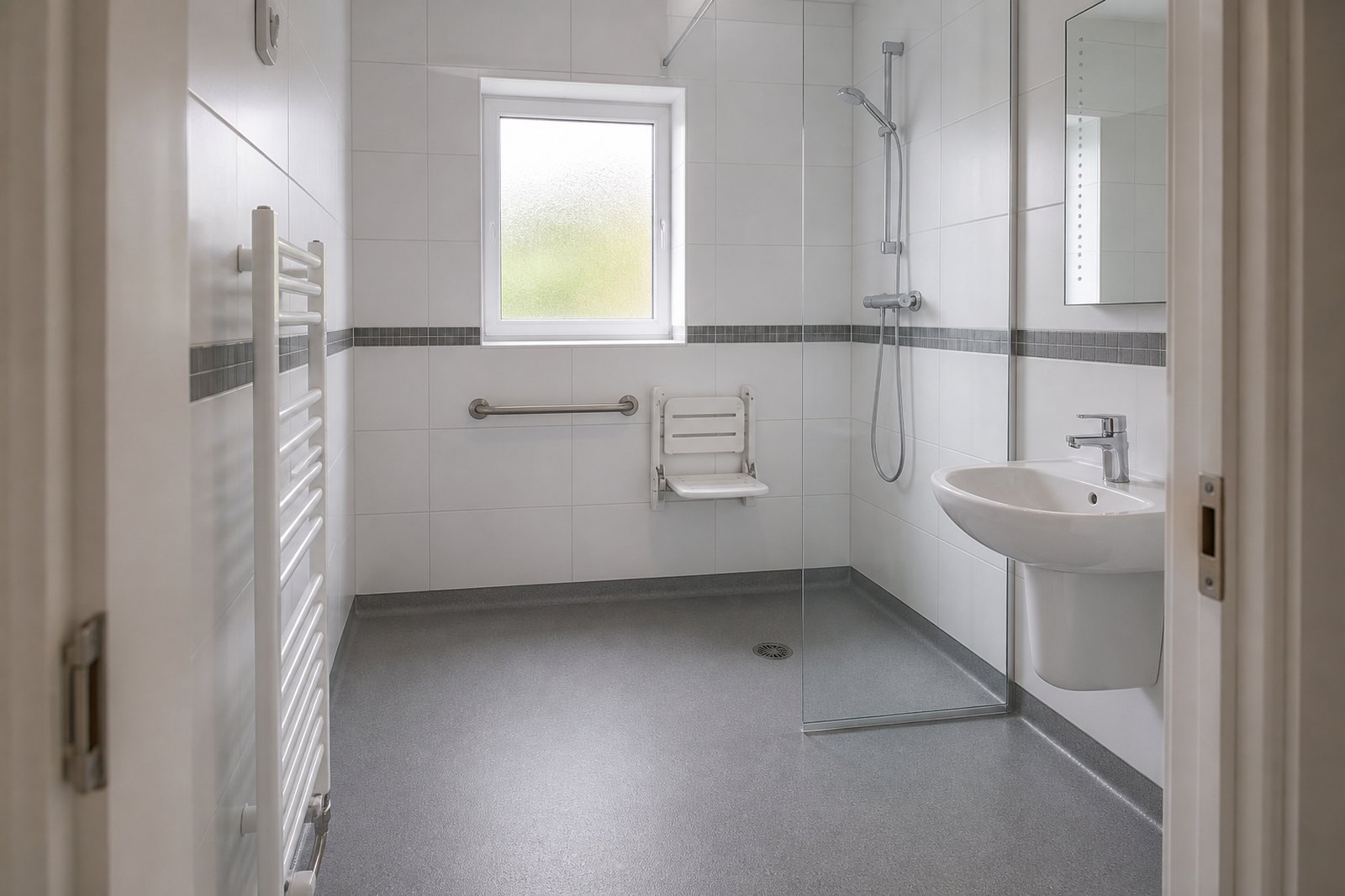 A level-access bathroom with a fold-down shower seat, a grab rail fixed to the wall beside it, a half-height glass screen and slip-resistant flooring