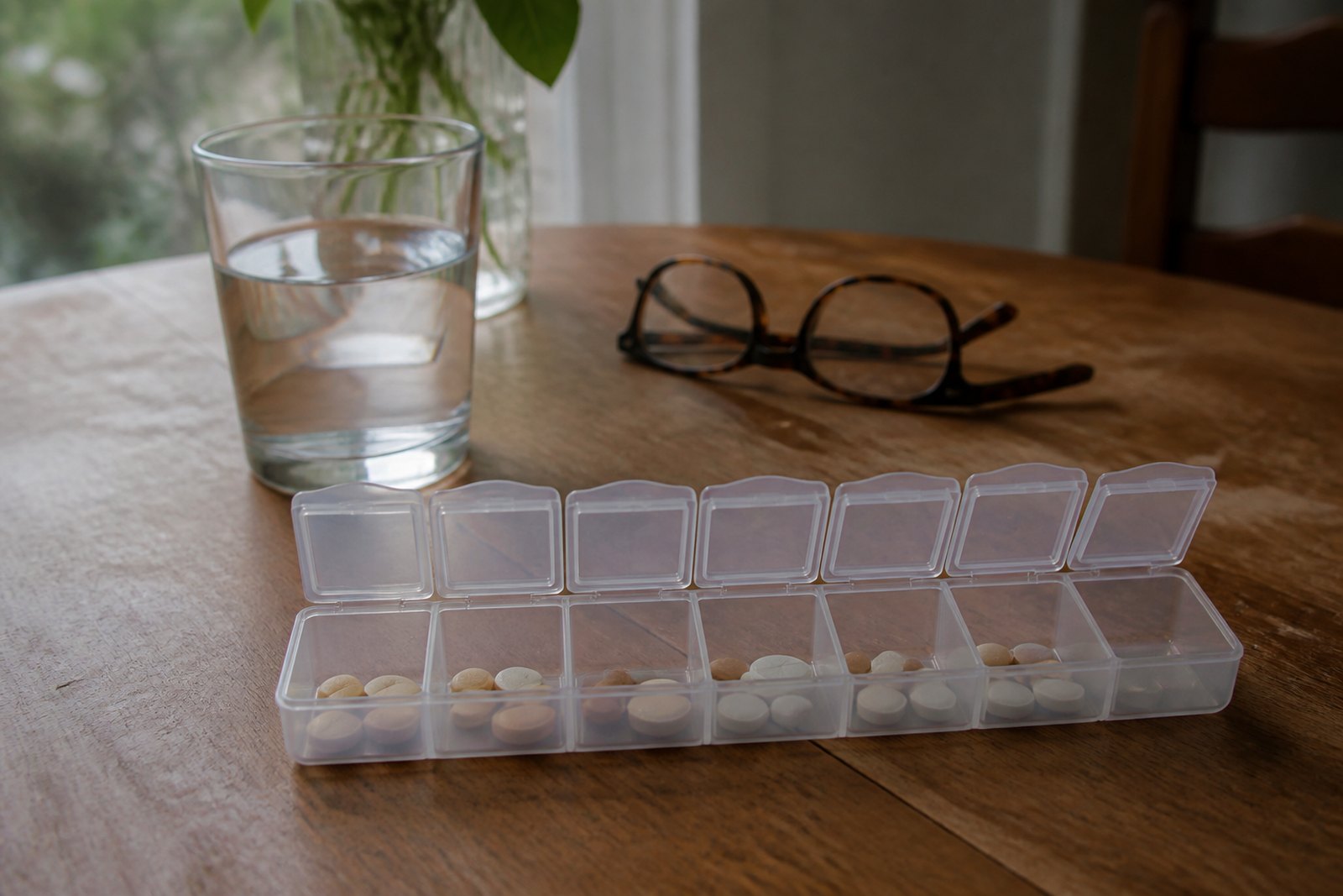 A weekly pill organiser open on a kitchen table beside a glass of water and reading glasses