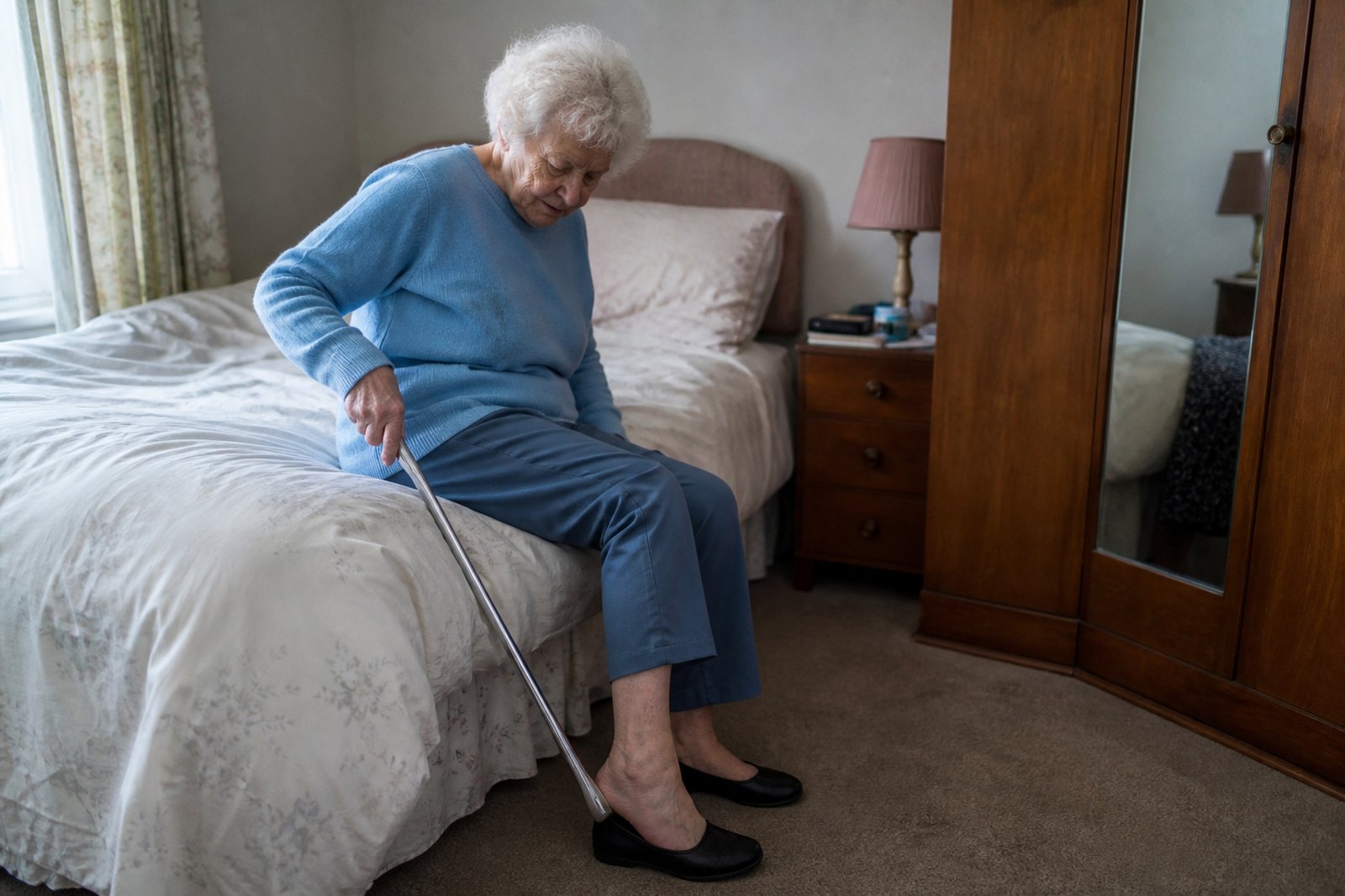 An older woman sitting on her bed using a long-handled shoehorn to put on a shoe