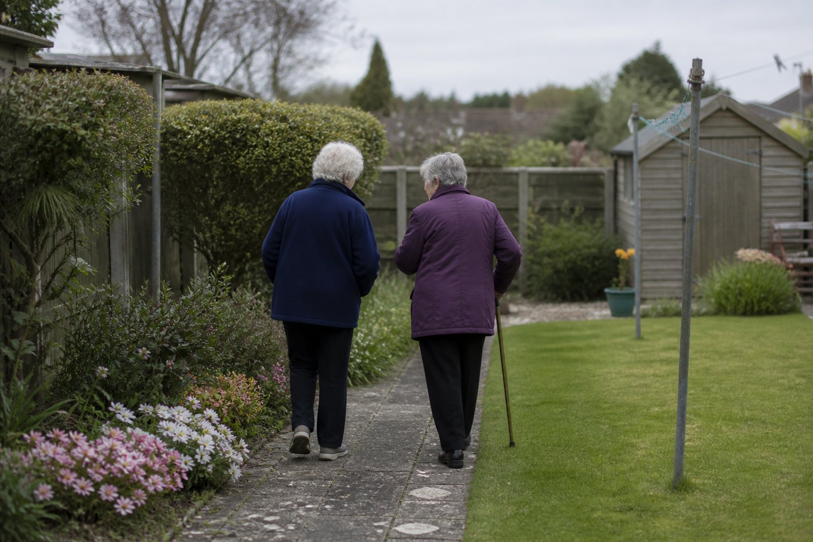 Two older women walking together down a garden path, one using a walking stick
