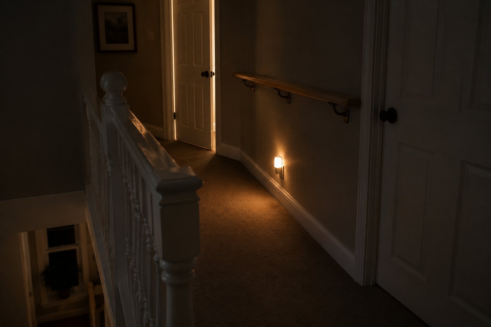An upstairs landing at night lit by a low plug-in night light, with a wall handrail and light showing from an open bathroom door at the end