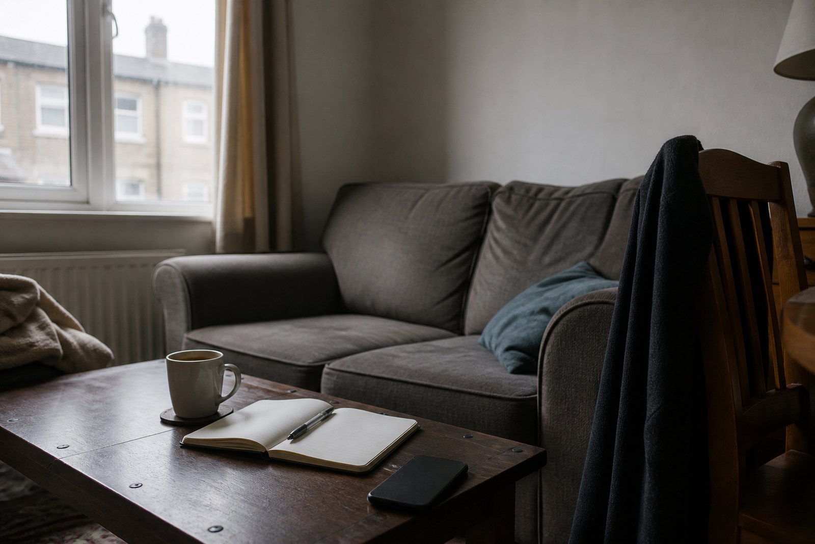 An open blank notebook and pen on a living room coffee table beside a mug of tea and a phone face down, morning light through open curtains