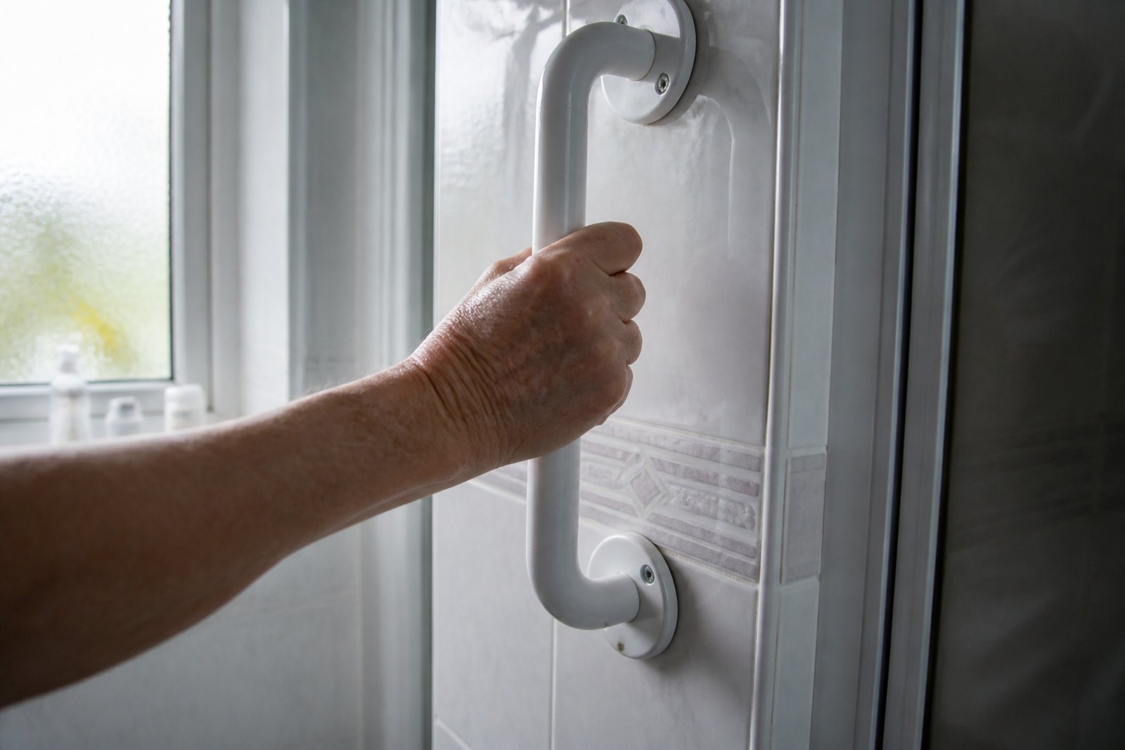 An older person's hand holding a wall-fixed grab rail beside a shower in a tiled bathroom