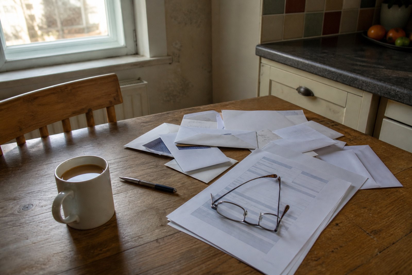A kitchen table with a pile of letters, a form, a pair of reading glasses and a mug of tea in morning light