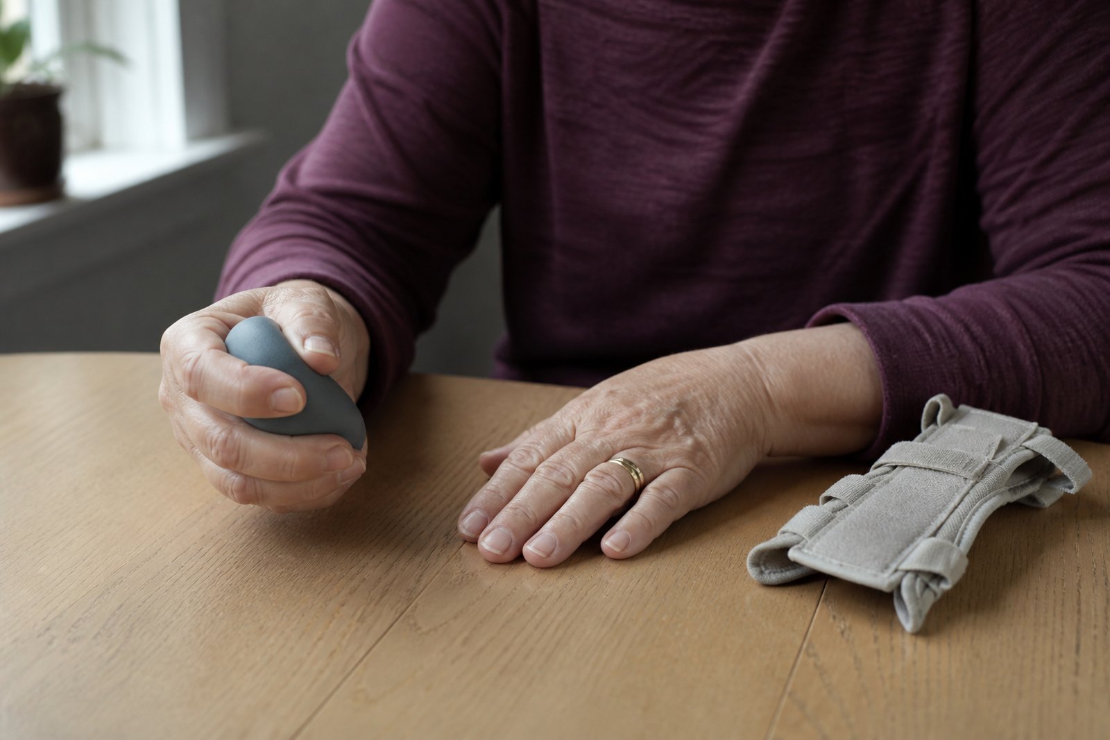 An older person using a soft therapy ball at a table, with a wrist splint resting beside them