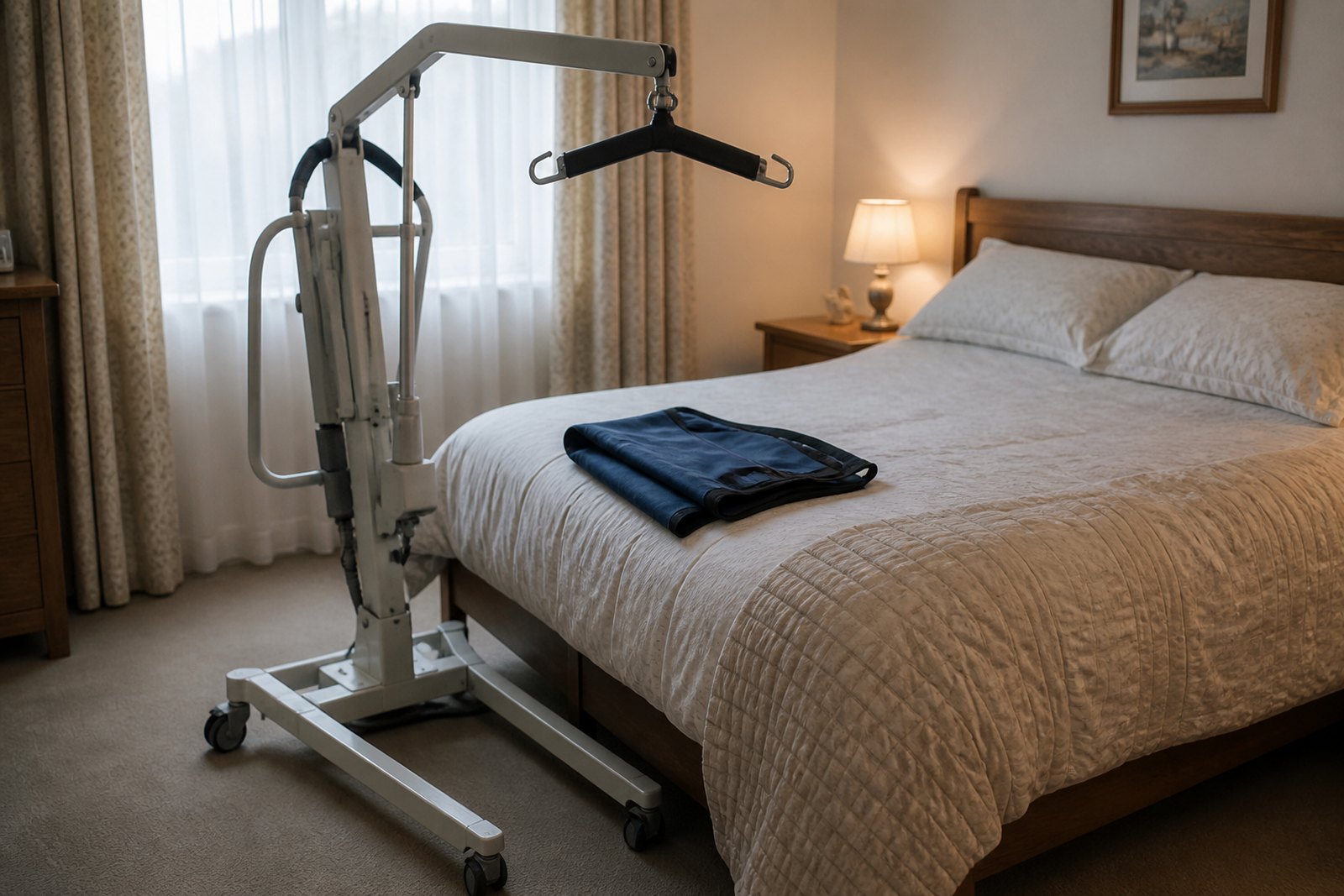A mobile hoist standing beside a made double bed with a folded sling laid on the bed