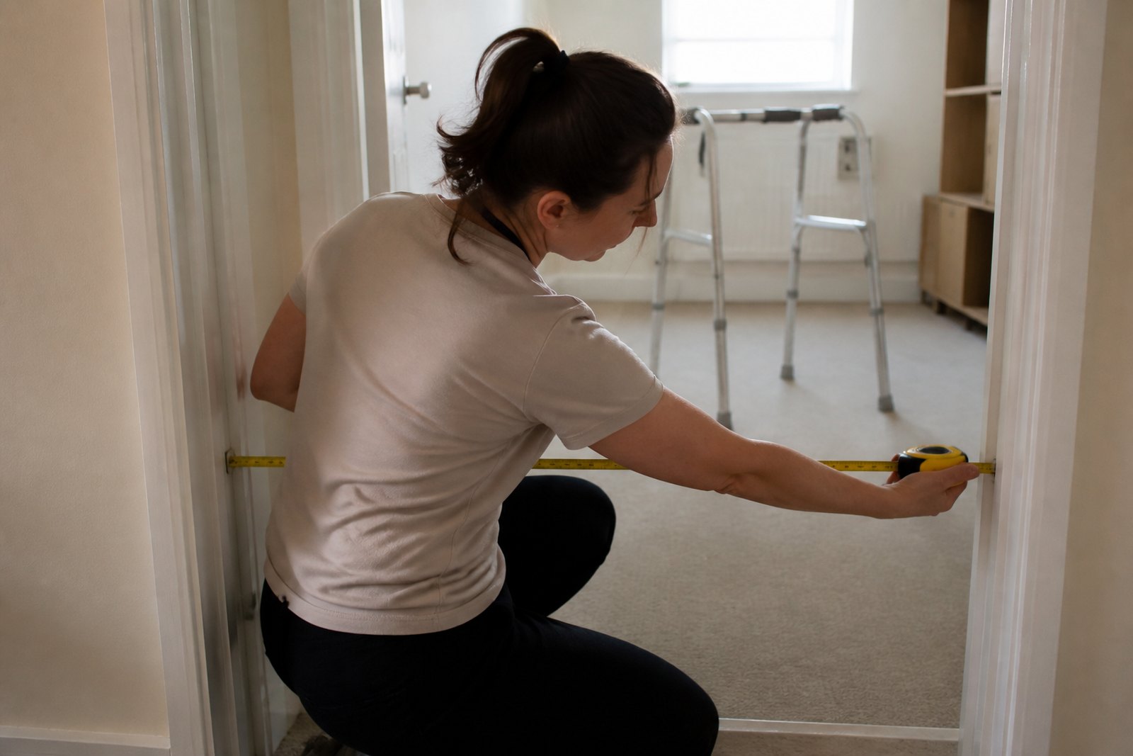 An occupational therapist measuring the width of a doorway with a tape measure