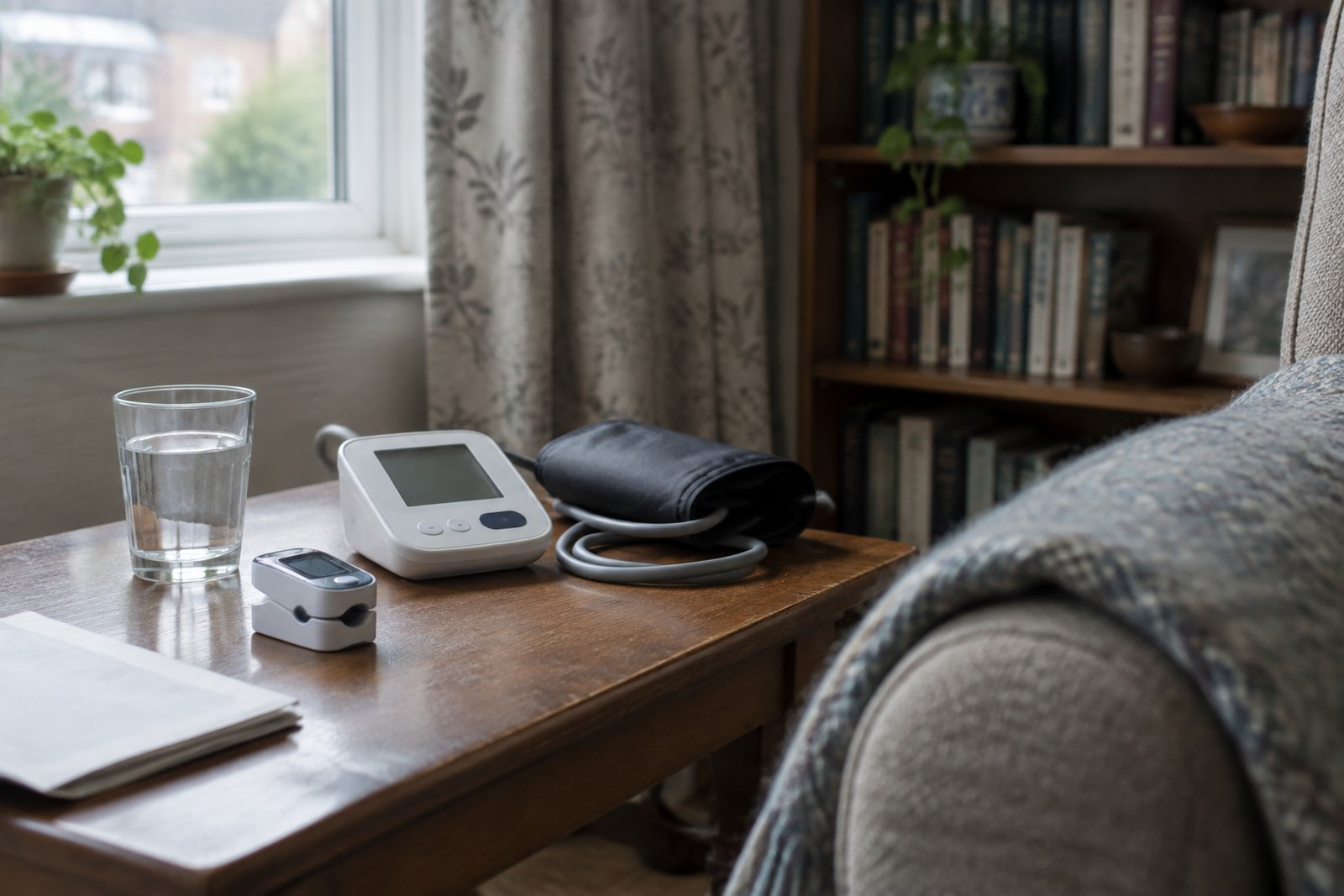 A side table beside an armchair holding a pulse oximeter, a blood pressure monitor with its cuff coiled and a glass of water, with a blanket over the chair arm