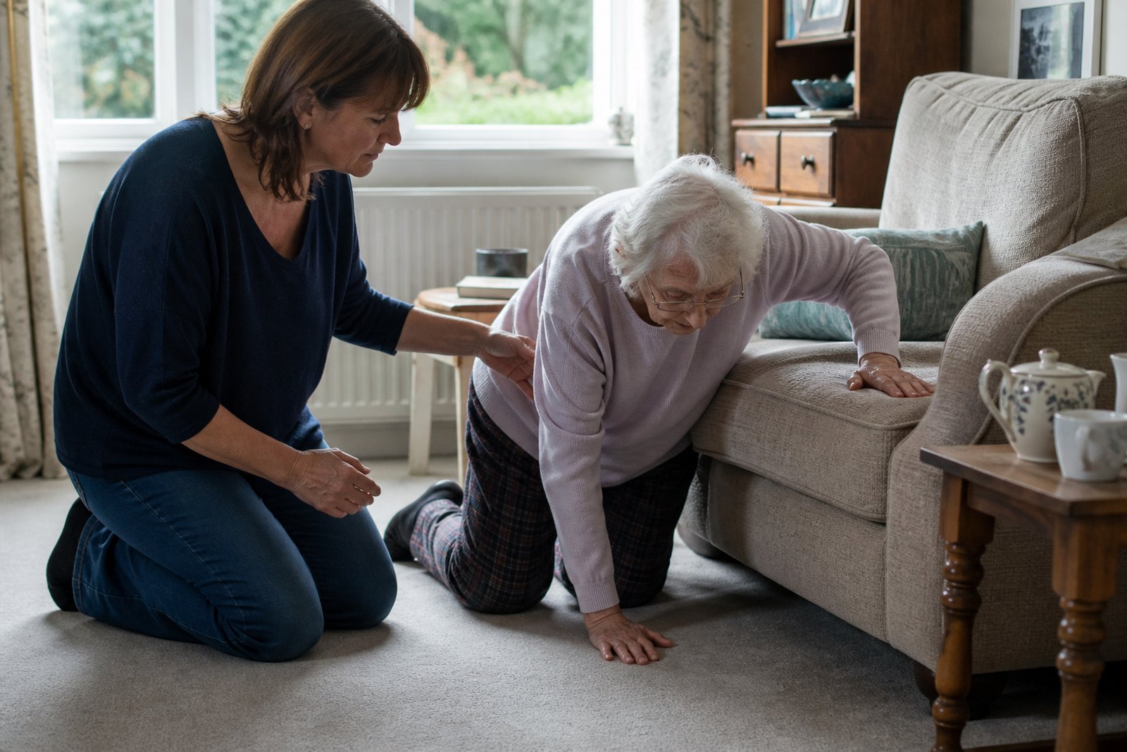 An older woman calmly practising getting up from the floor beside an armchair while a younger woman supports her