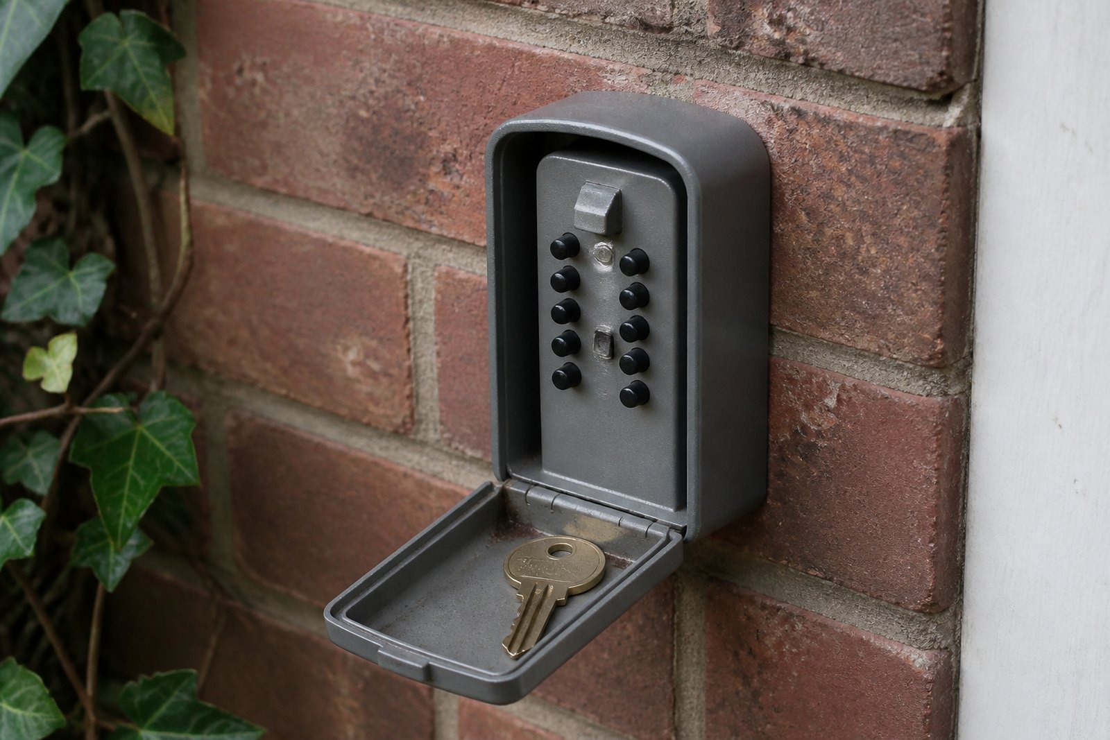 A key safe mounted on a brick wall with its cover open, showing a door key inside