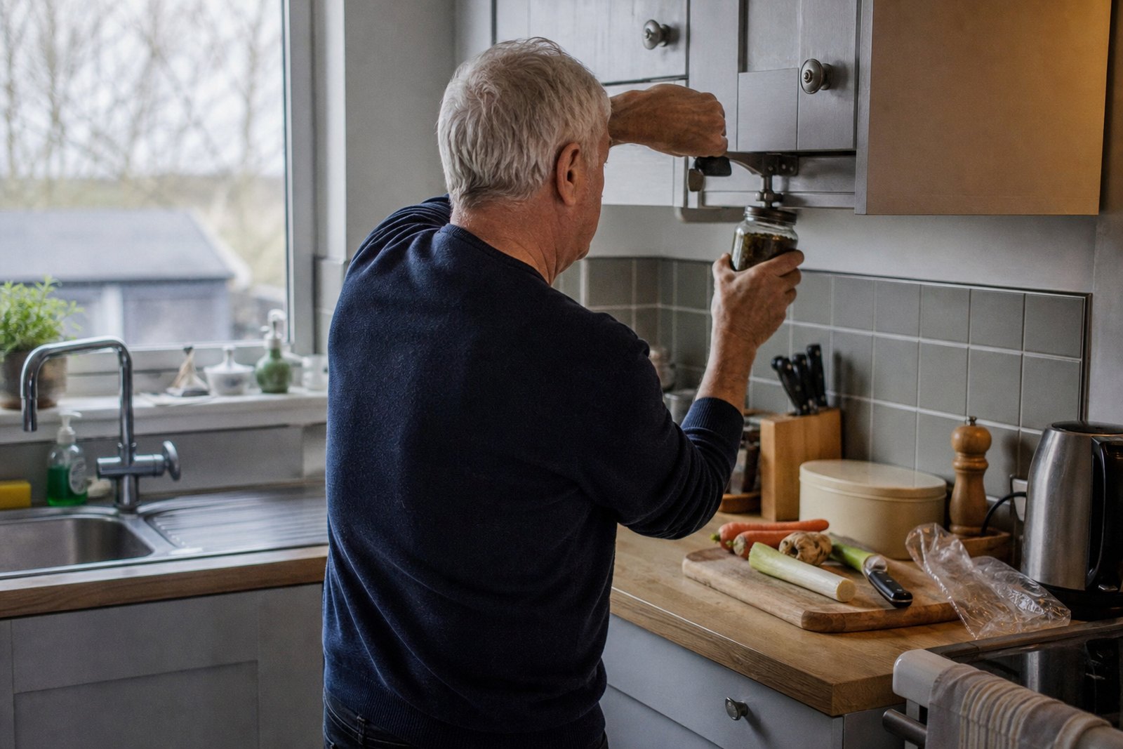 An older man using a wall-mounted jar opener at his kitchen worktop beside a chopping board