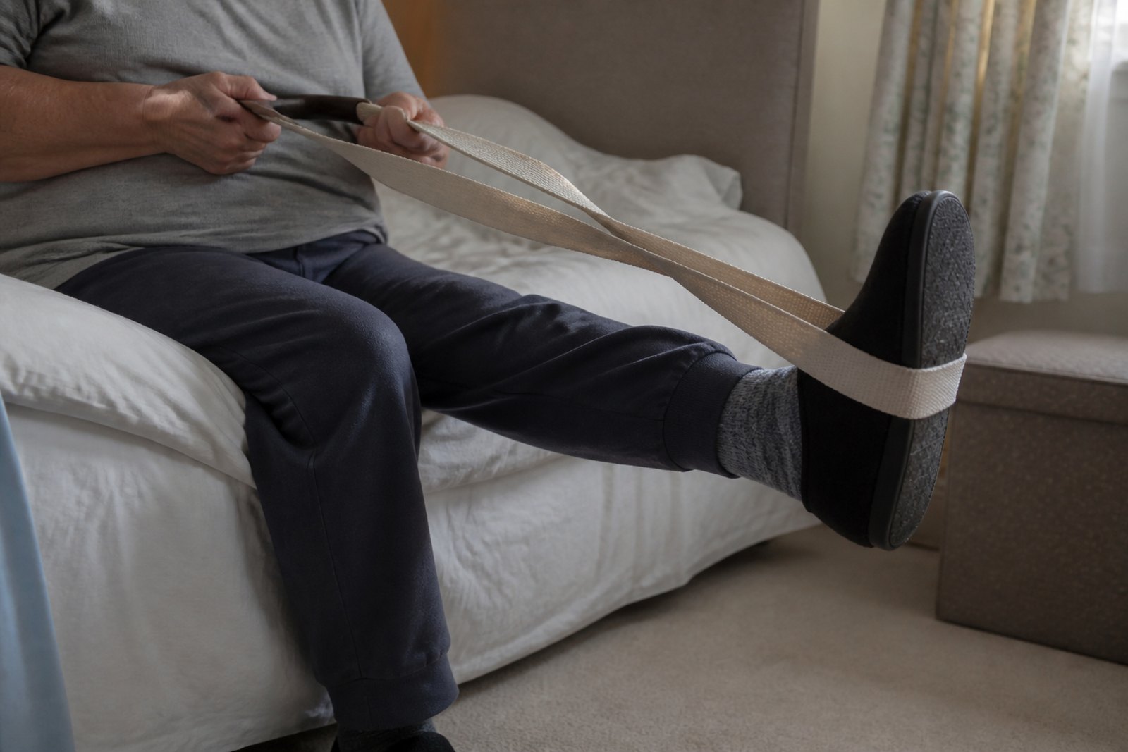 Close-up of someone using a webbing leg lifter to raise their leg while sitting on the edge of a bed