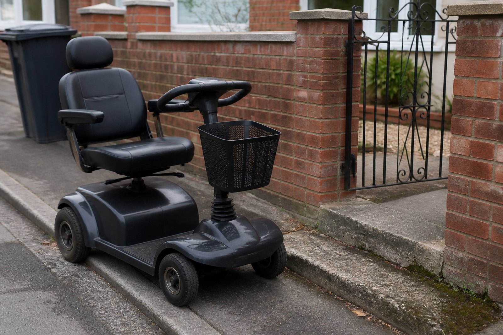 A four-wheeled mobility scooter parked on a pavement outside a house, beside a kerb and garden gate