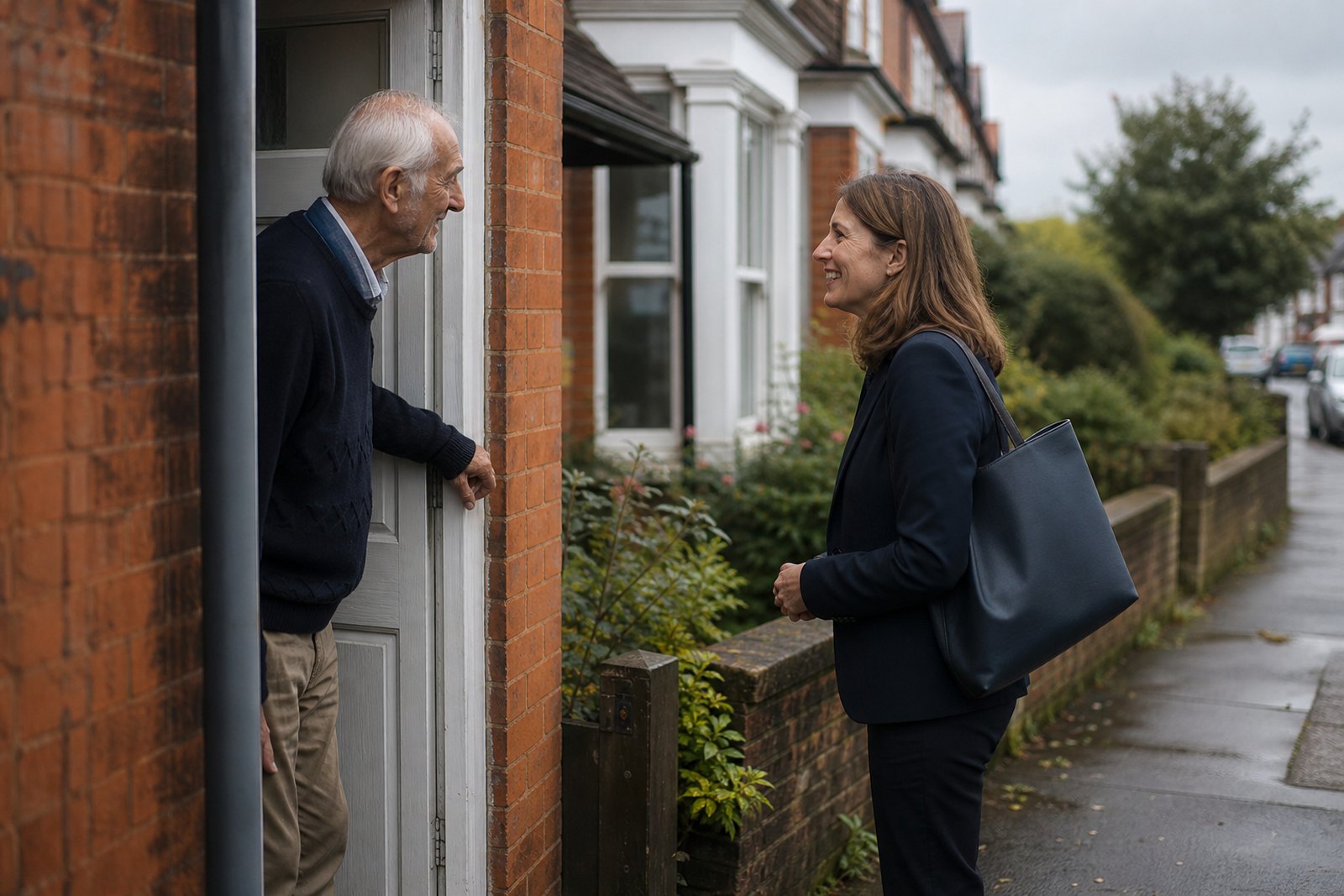 An older man welcoming a professional visitor with a work bag at his front door