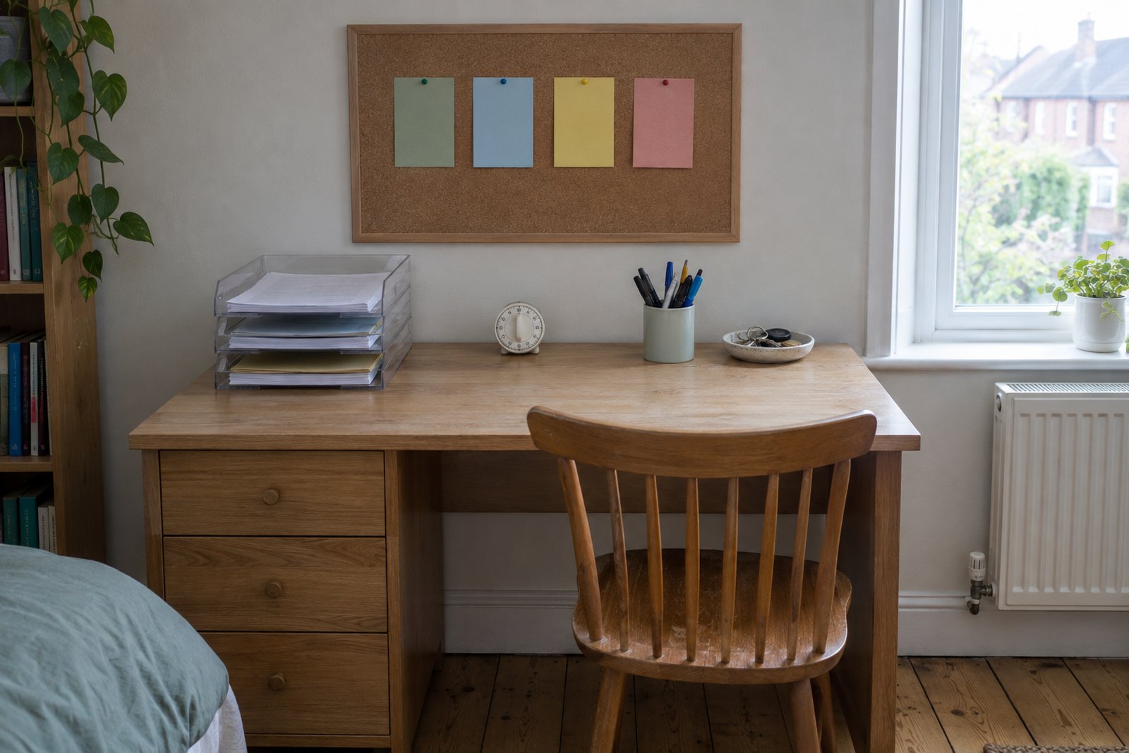 A tidy desk with an analogue timer, a pen pot, a paper tray and keys in a dish, below a cork board pinned with blank coloured cards