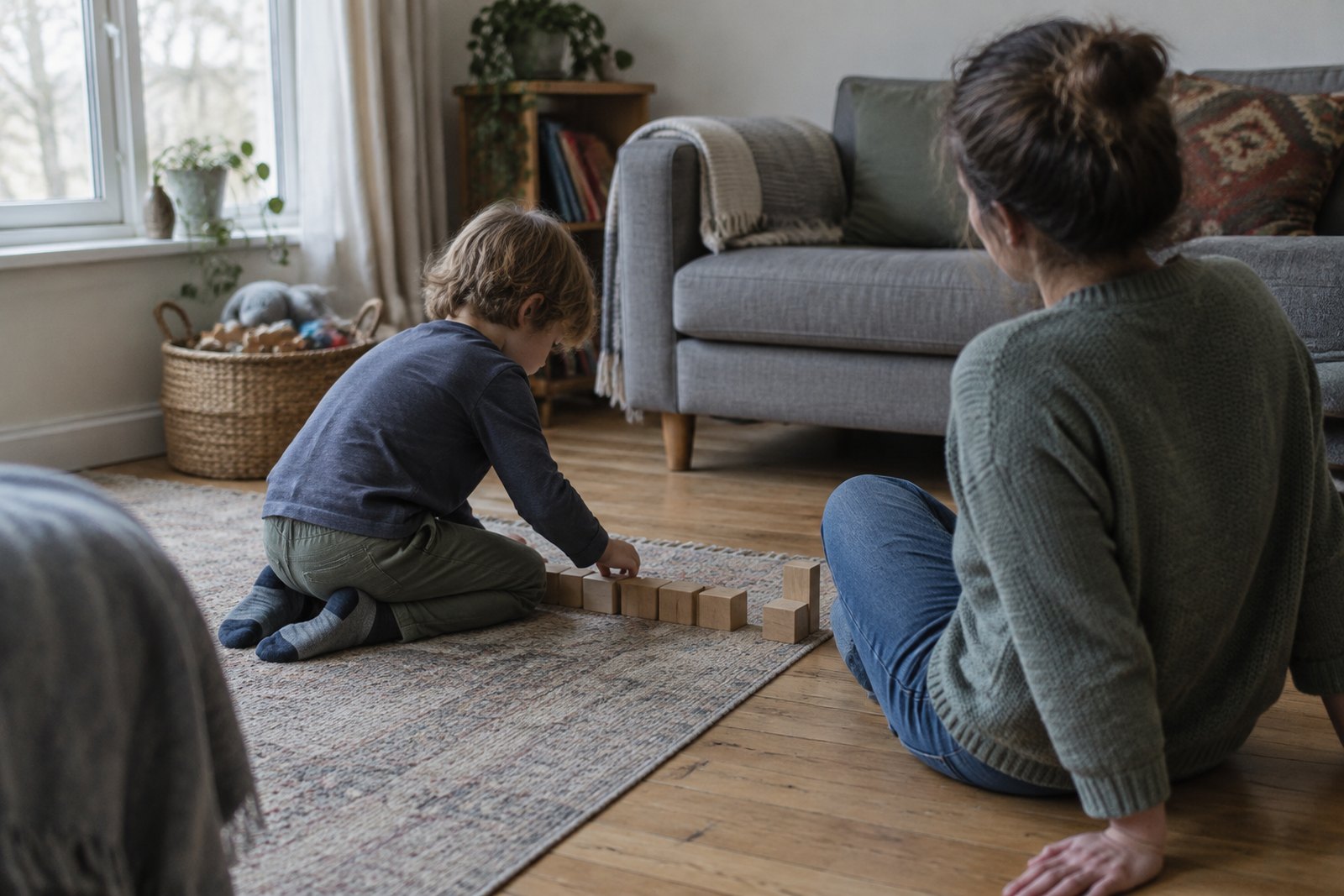 A child kneeling on a rug lining up wooden blocks while an adult sits nearby on the floor, both turned away from the camera