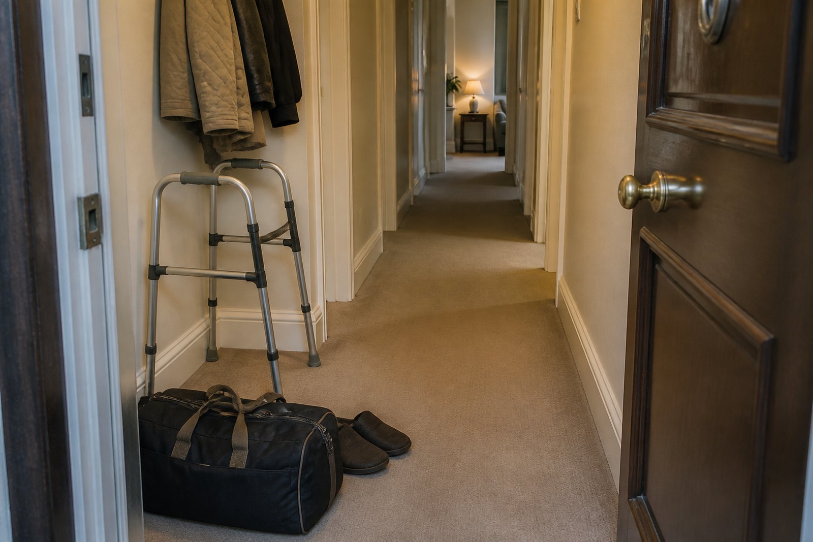 A flat hallway ready for a hospital homecoming, with a holdall and walking frame by the door
