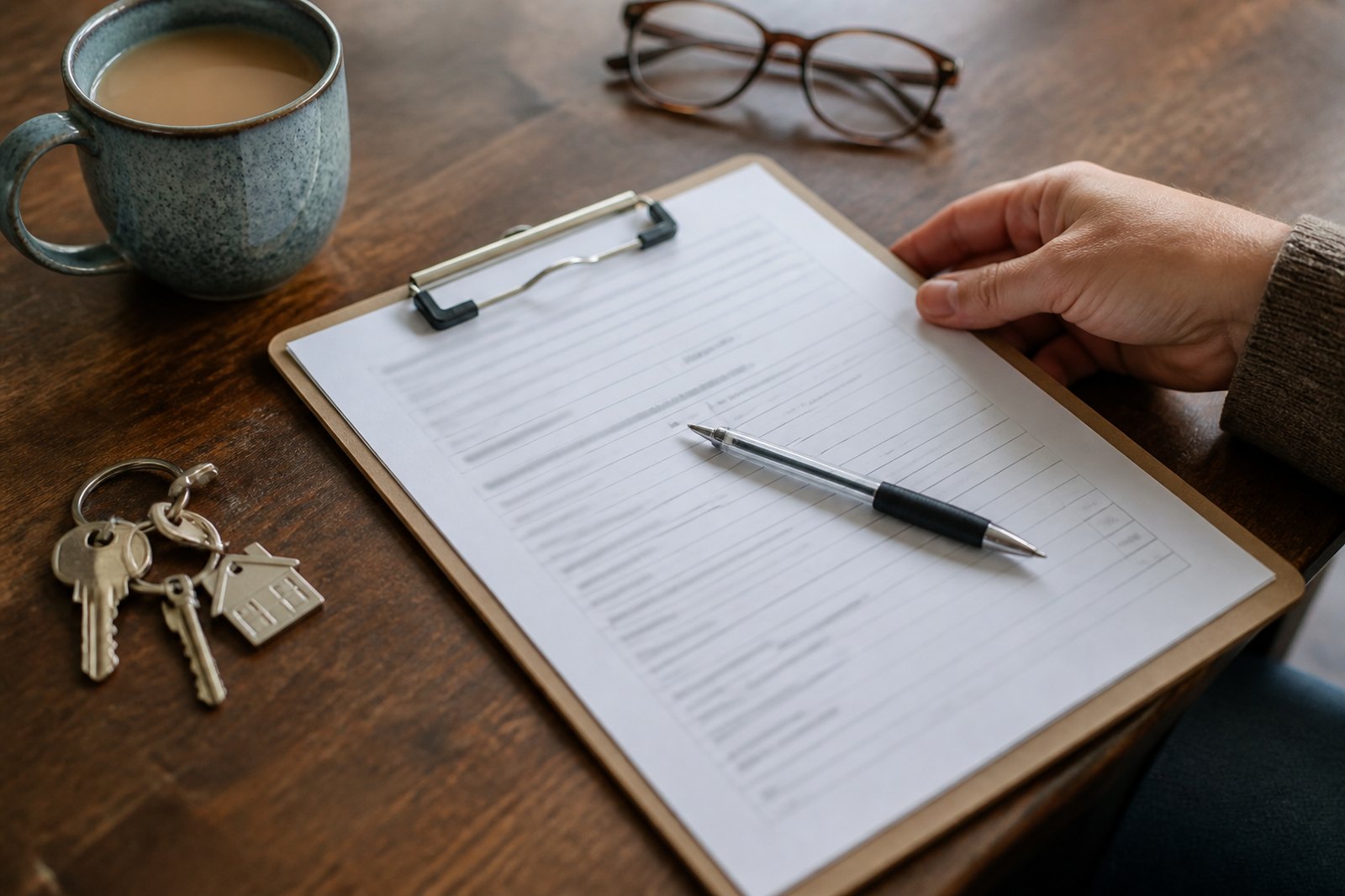 A clipboard with an assessment form and pen resting on a kitchen table beside a mug of tea