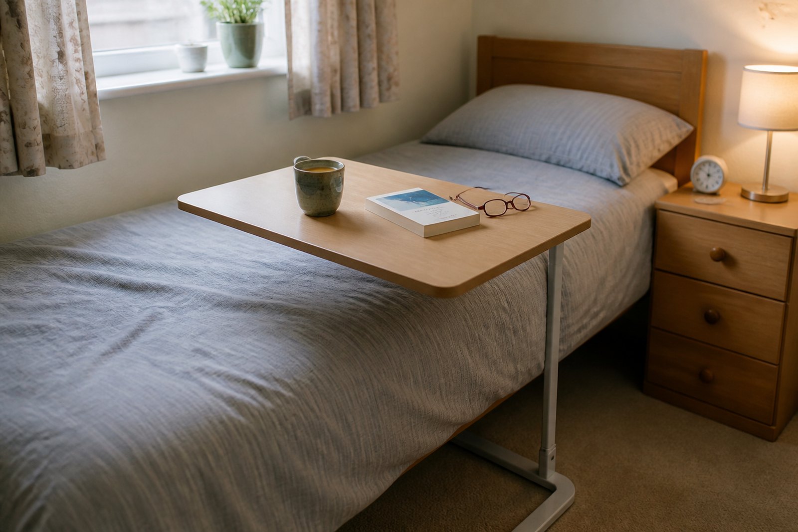 An over-bed table across a made bed holding a mug of tea, a book and reading glasses