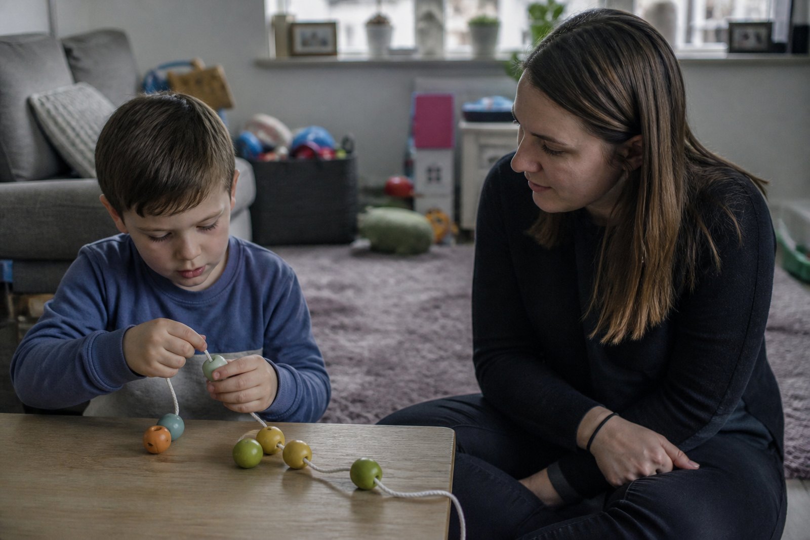 A young boy threading wooden beads at a low table while an occupational therapist watches