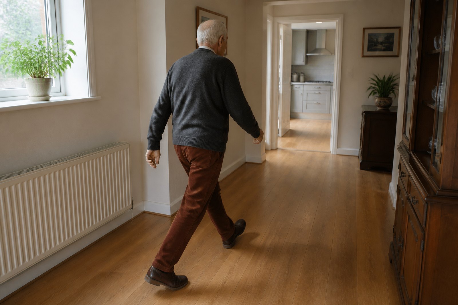 An older man taking a long deliberate stride along a clear, well-lit hallway