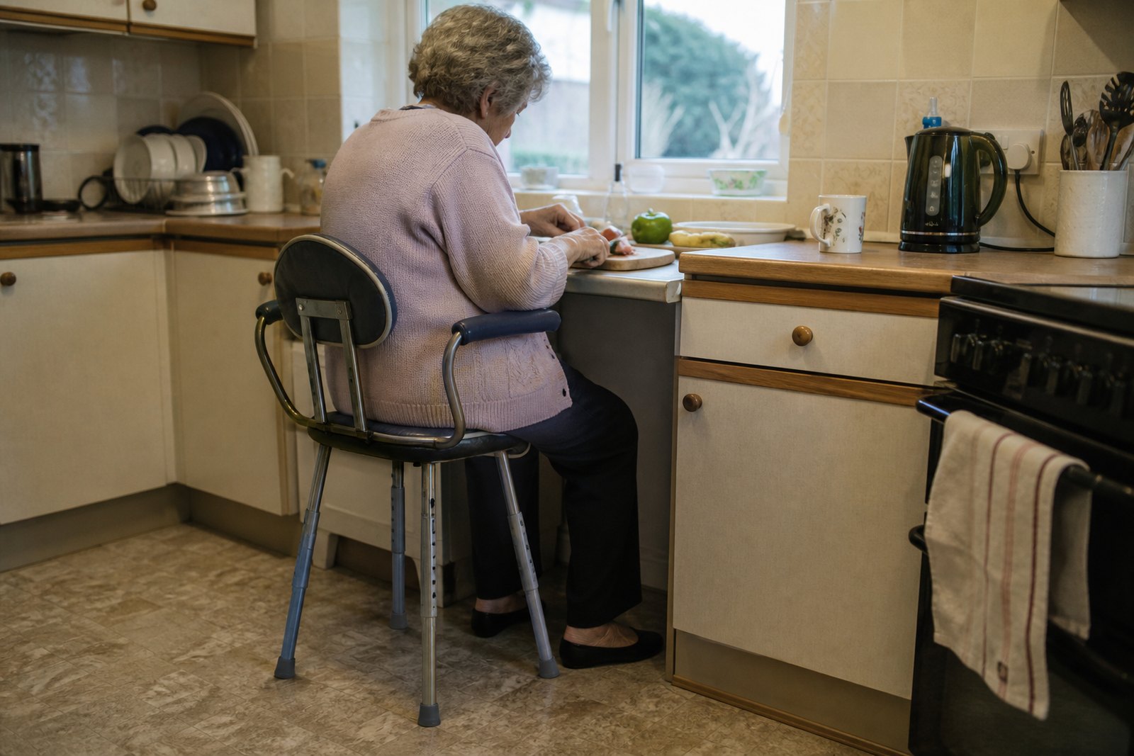 An older woman sitting on a perching stool at a kitchen worktop, preparing vegetables with her feet flat on the floor