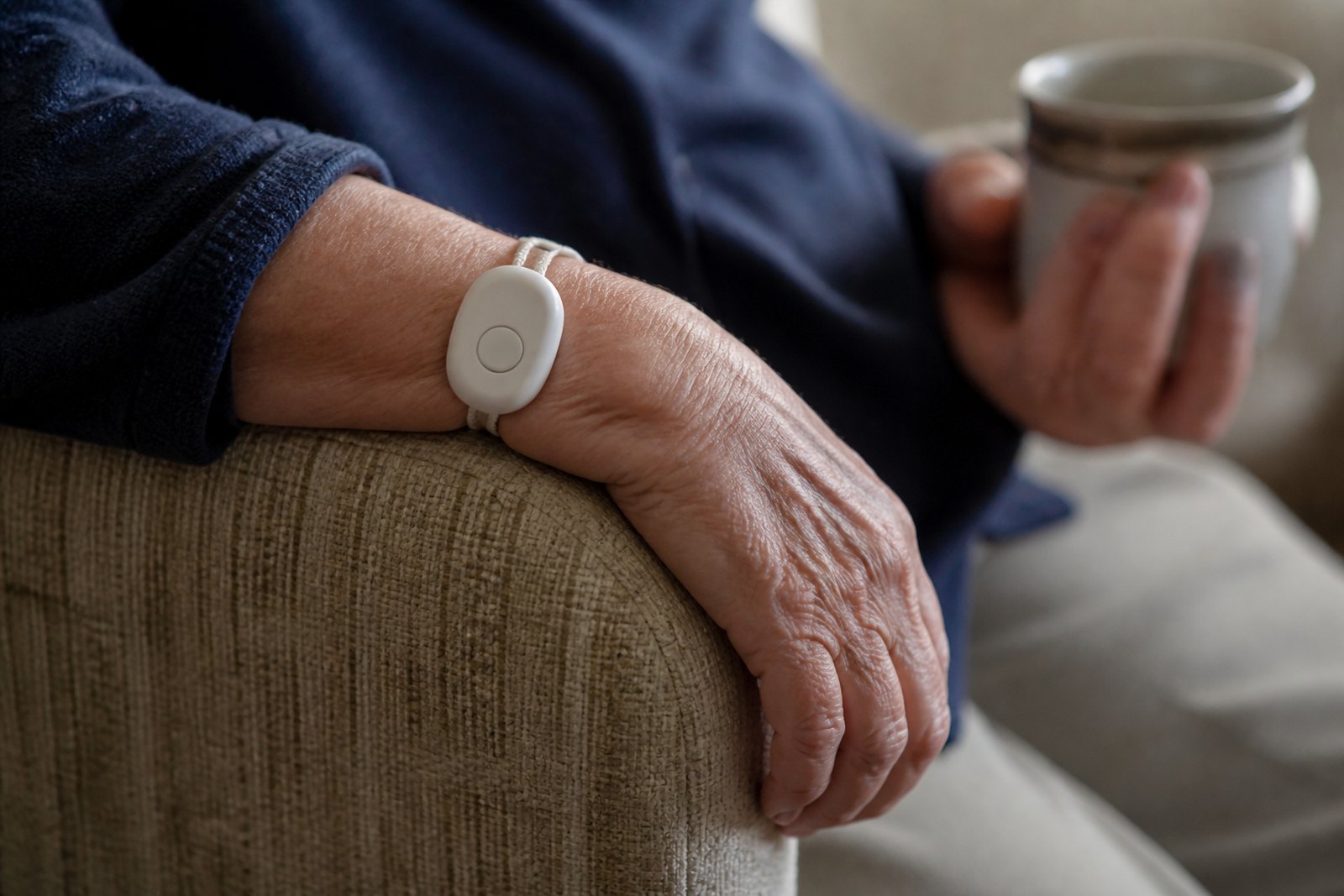 Close-up of an older woman wearing a plain pendant alarm on her wrist while sitting in an armchair