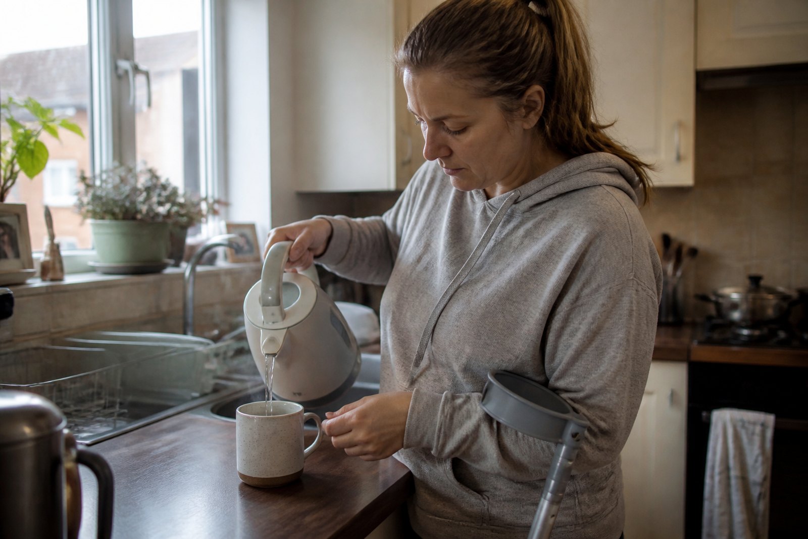 A middle-aged woman making a mug of tea at a worktop with an elbow crutch leaning beside her