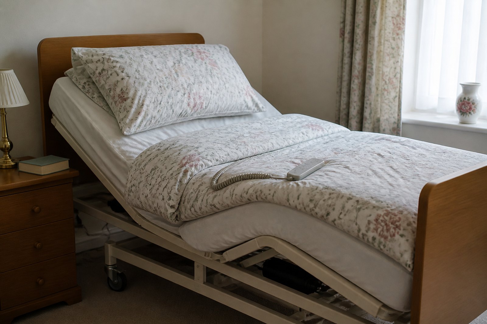 An electric profiling bed with the backrest raised, made up with an ordinary duvet and pillows