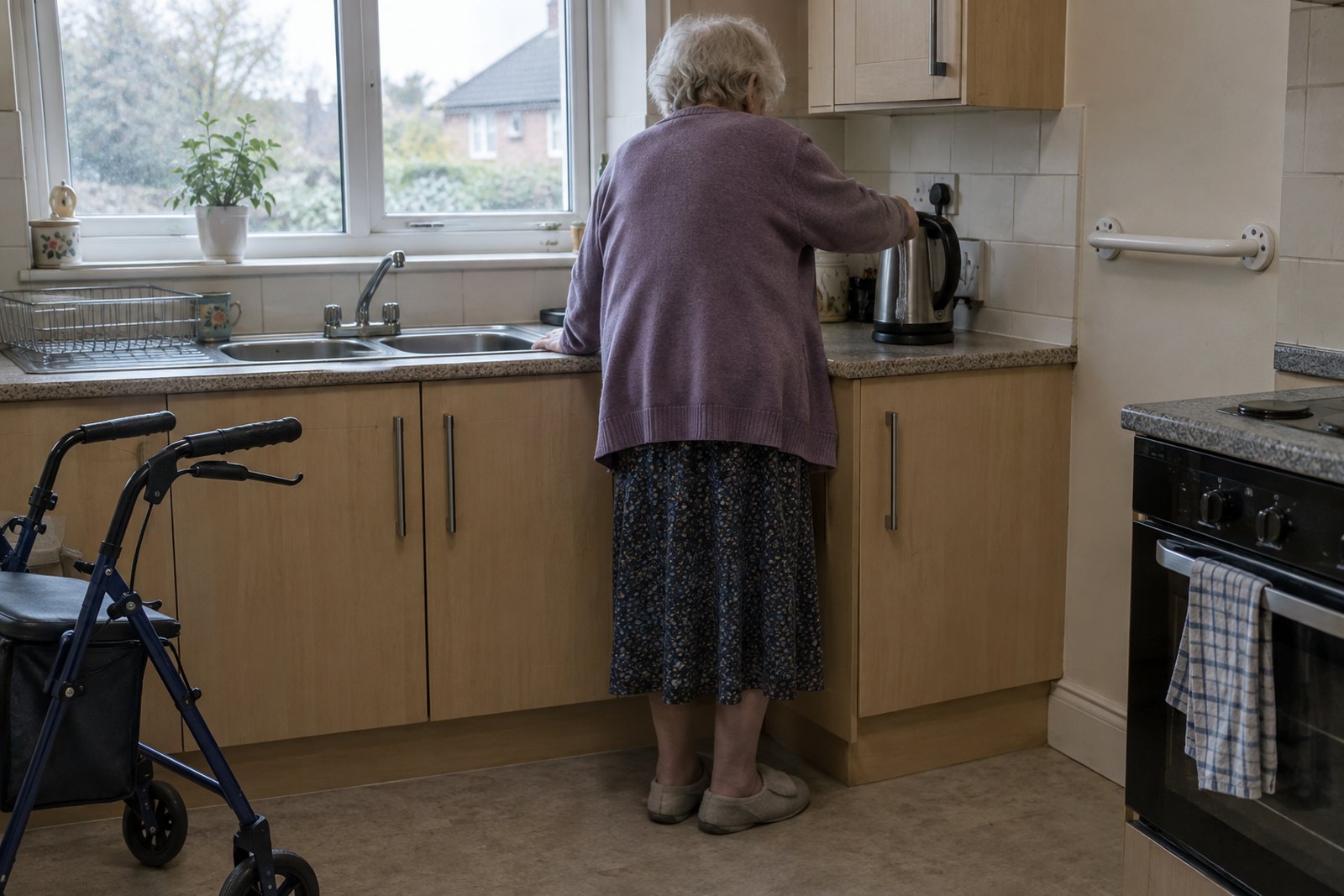 An older woman filling a kettle at her kitchen worktop, steadying herself with one hand, with a walking frame and a wall-fixed grab rail nearby