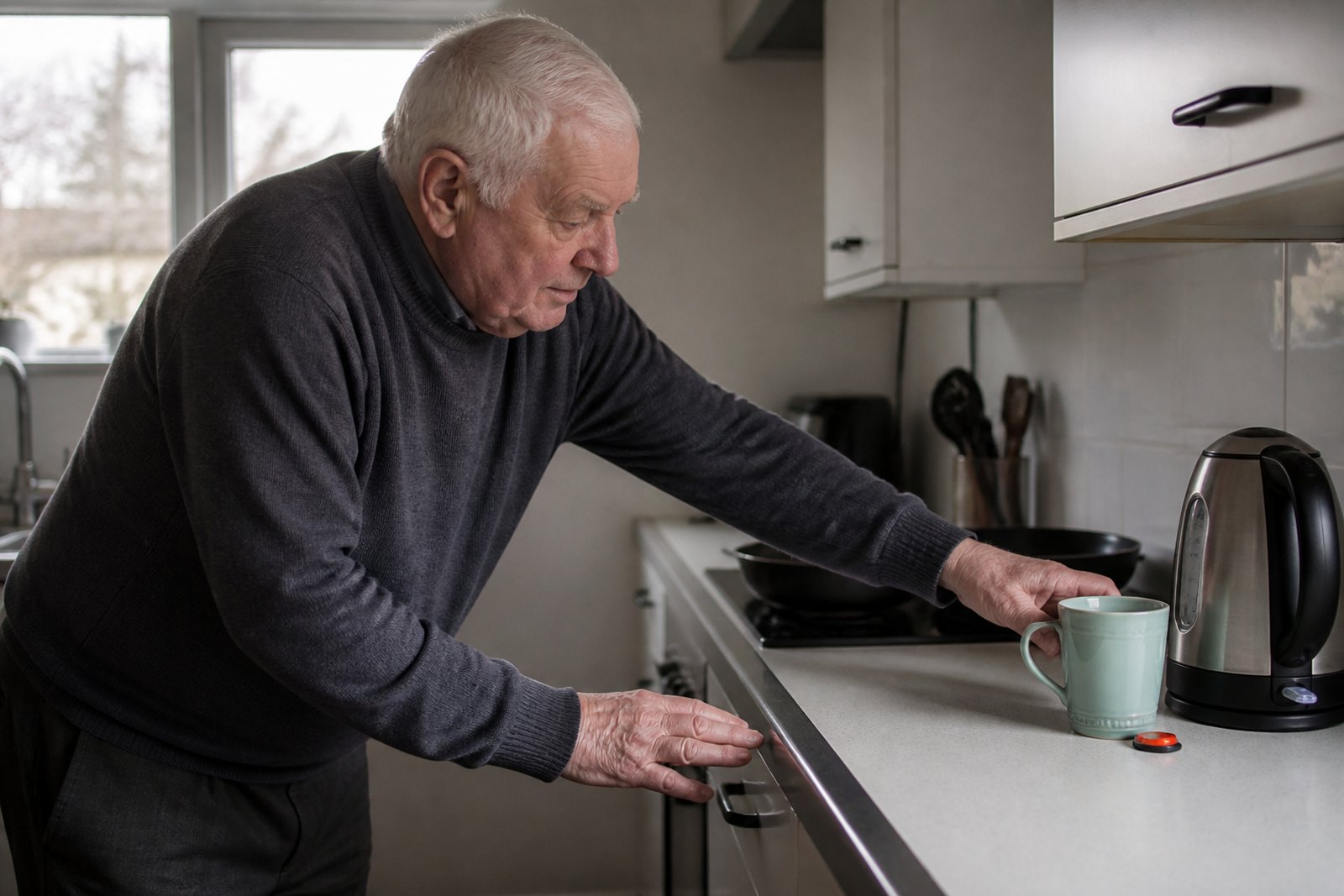 An older man reaching for a mug in a kitchen with high-contrast markings along the worktop edge