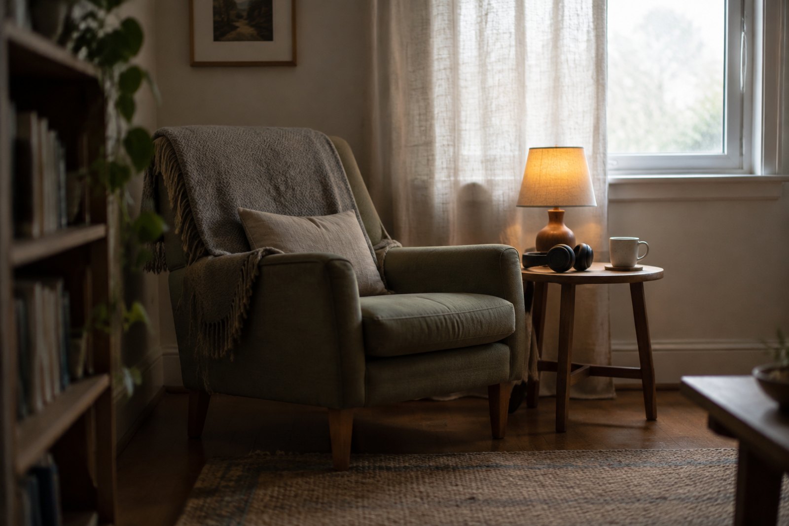 A quiet living room corner with a soft armchair, over-ear headphones and a warm lamp, lit by softened daylight through a half-drawn curtain