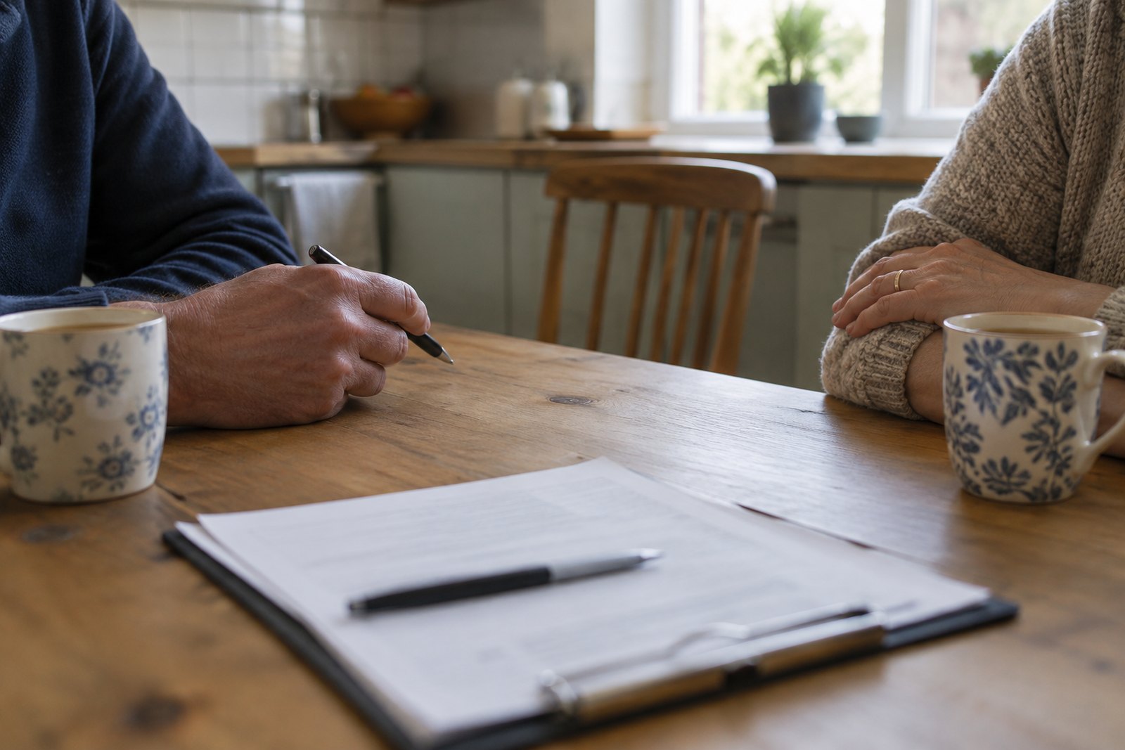 Two adults sitting at a kitchen table with a clipboard of papers, a pen and mugs of tea, photographed with faces out of frame