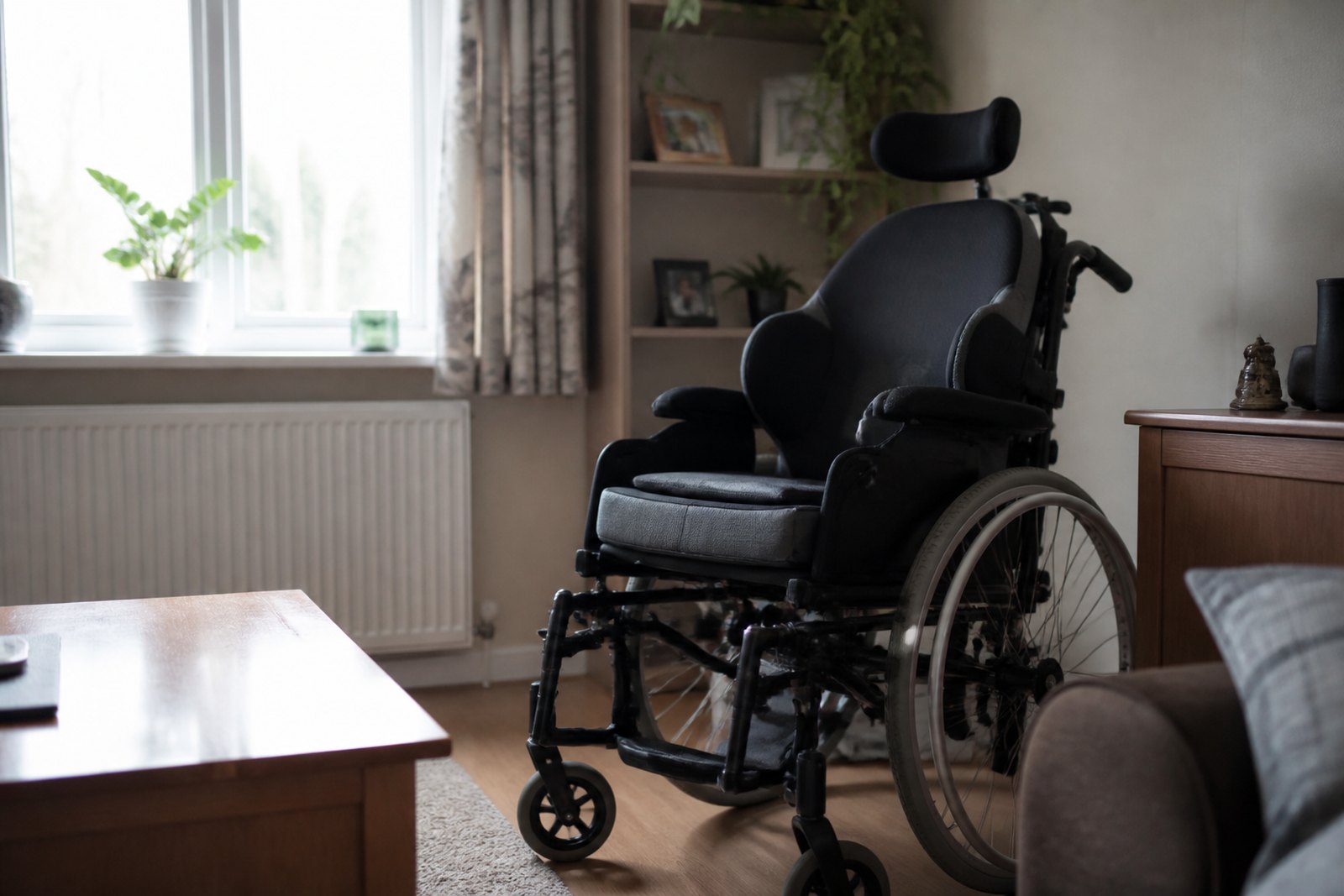 A manual wheelchair with contoured specialist seating and lateral supports in a living room