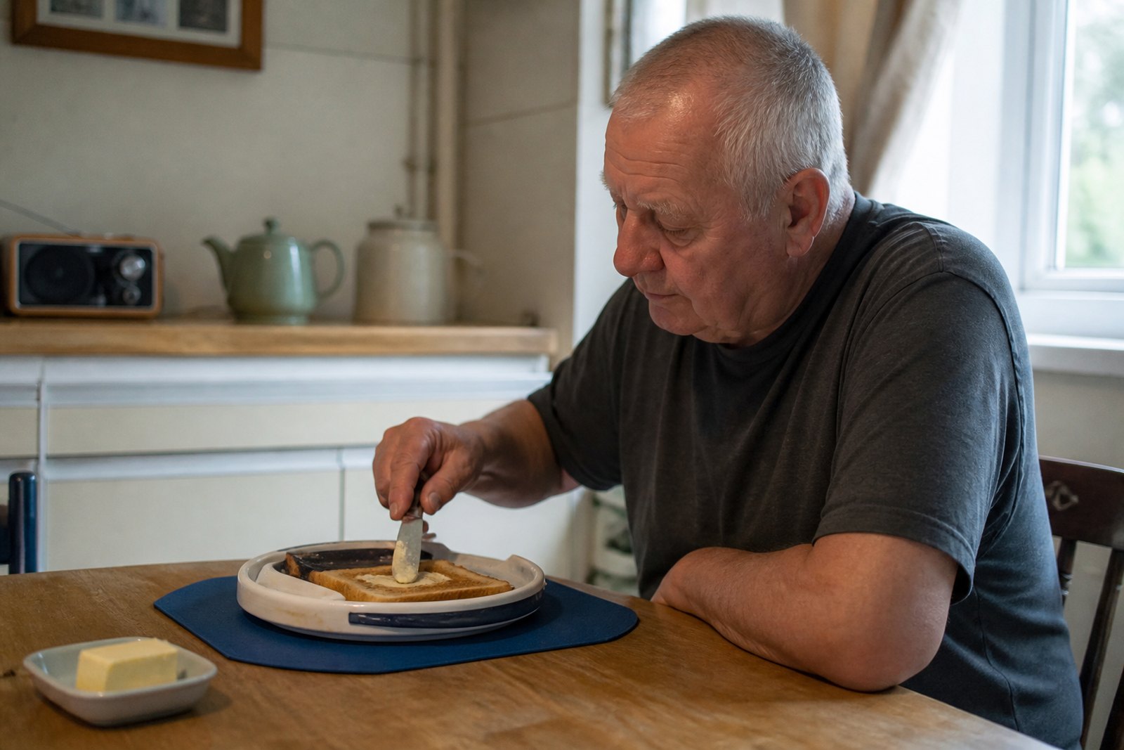 A man buttering toast one-handed at a kitchen table, using a plate guard and non-slip mat