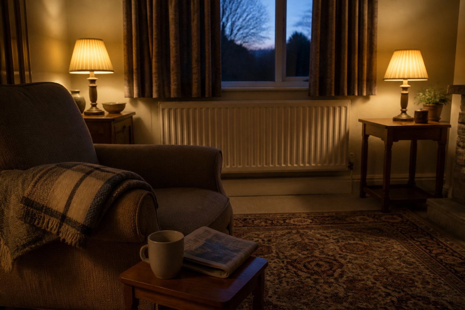 A living room at dusk with lamps lit and curtains half drawn, an armchair with a folded blanket and a mug of tea on a side table